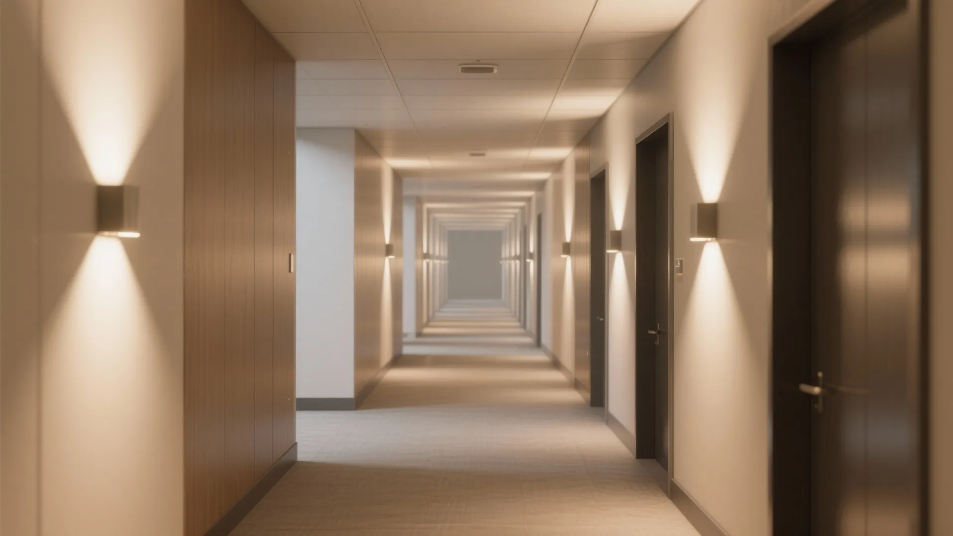 Long modern hallway with several wall light fixtures shining on brown doors and white walls