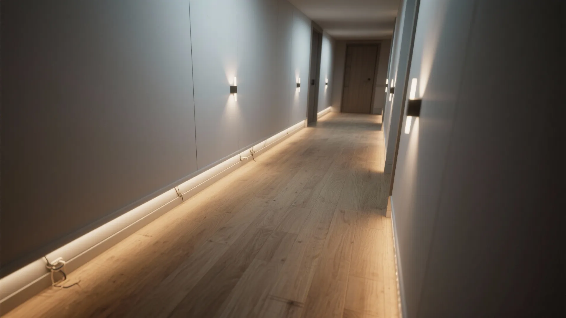 Top-down view of a narrow hallway showing low recessed wall lights placed as guiding accents along the floor.