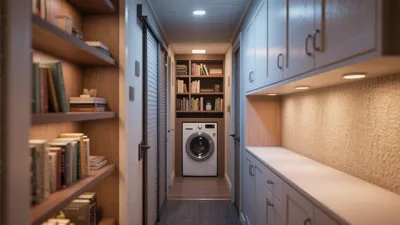 Smart Laundry Room with Built-In Bookshelves