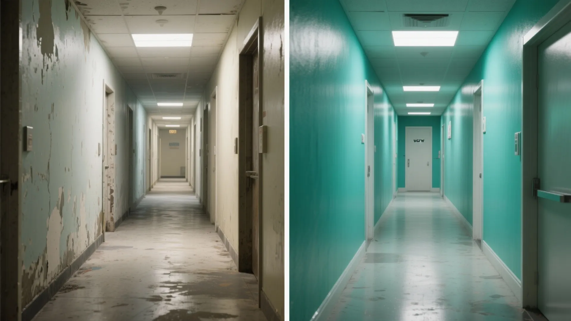 Before and after comparison of a dirty old hallway versus a clean bright green hallway