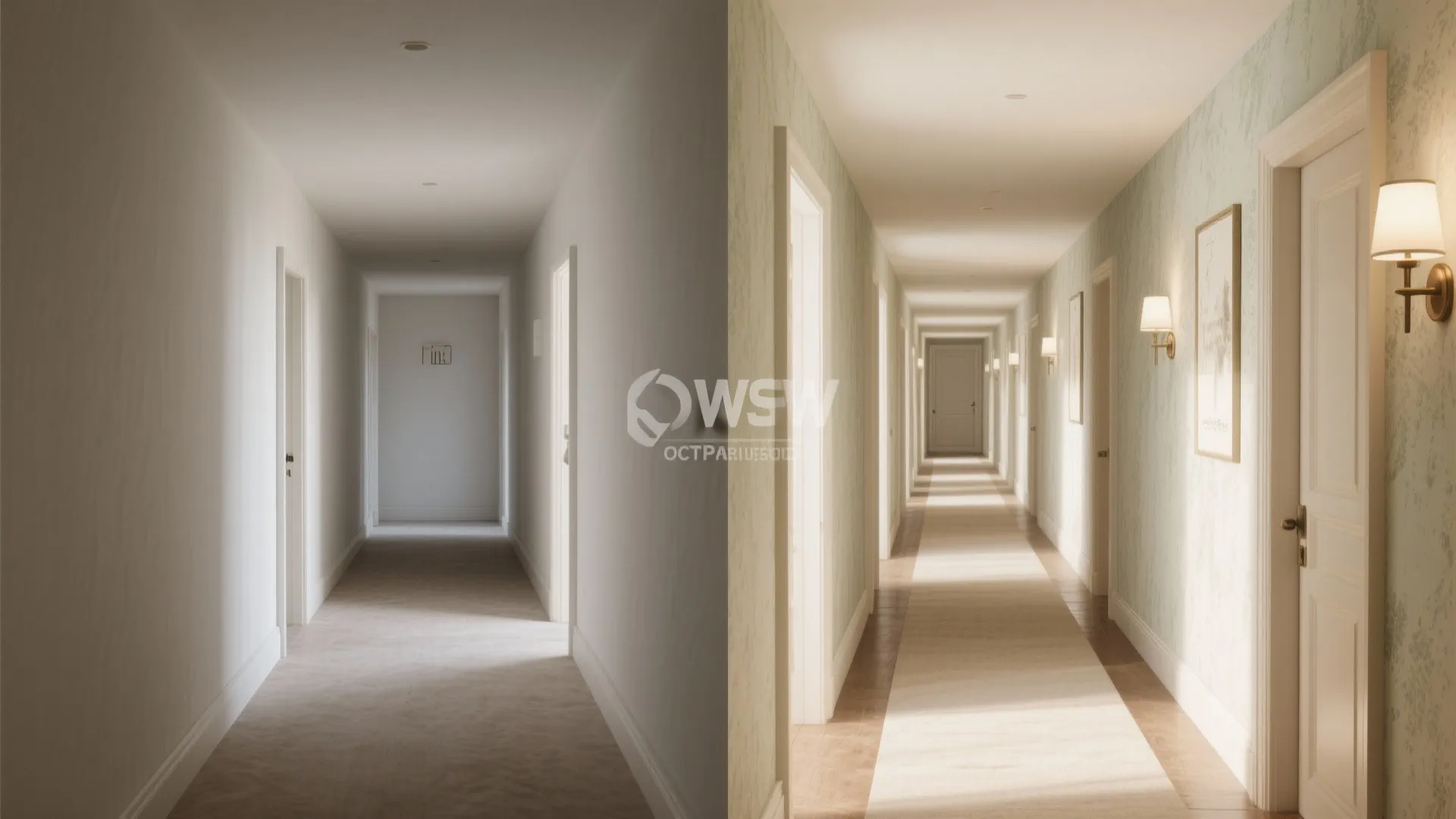 Before and after comparison of a dark plain hallway versus a bright decorated hallway design