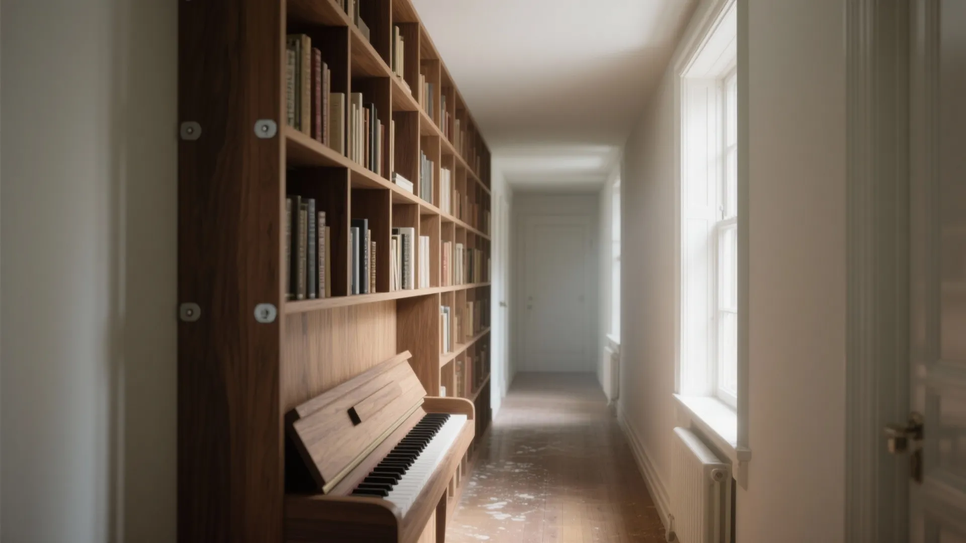 Narrow white hallway featuring a large wooden cabinet for books and a piano near window