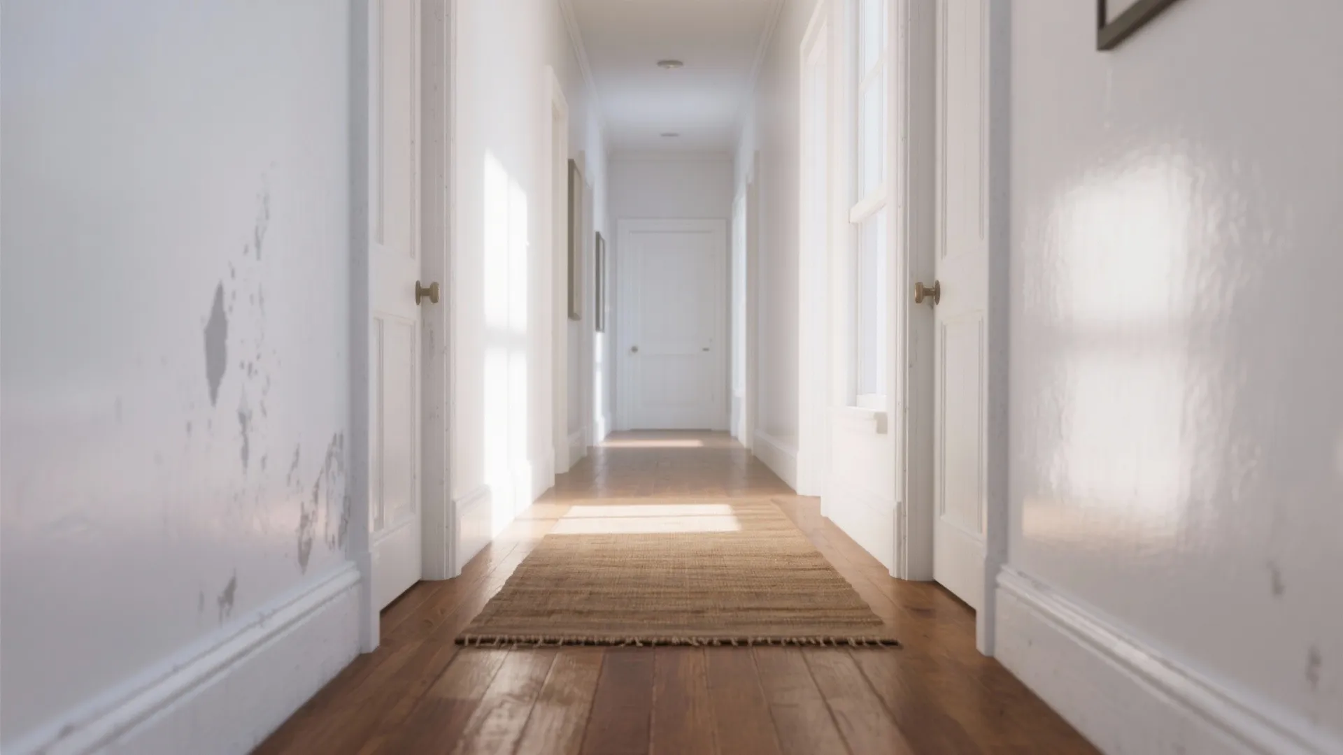 Bright white hallway with wooden floors, brown floor rug, multiple doors, and sunlight from windows