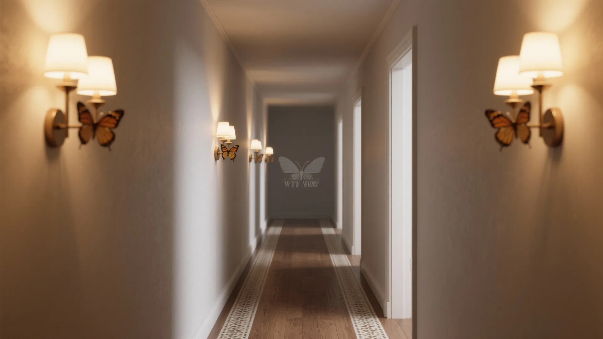 Narrow hallway lit by a series of three butterfly sconces creating warm wayfinding points.