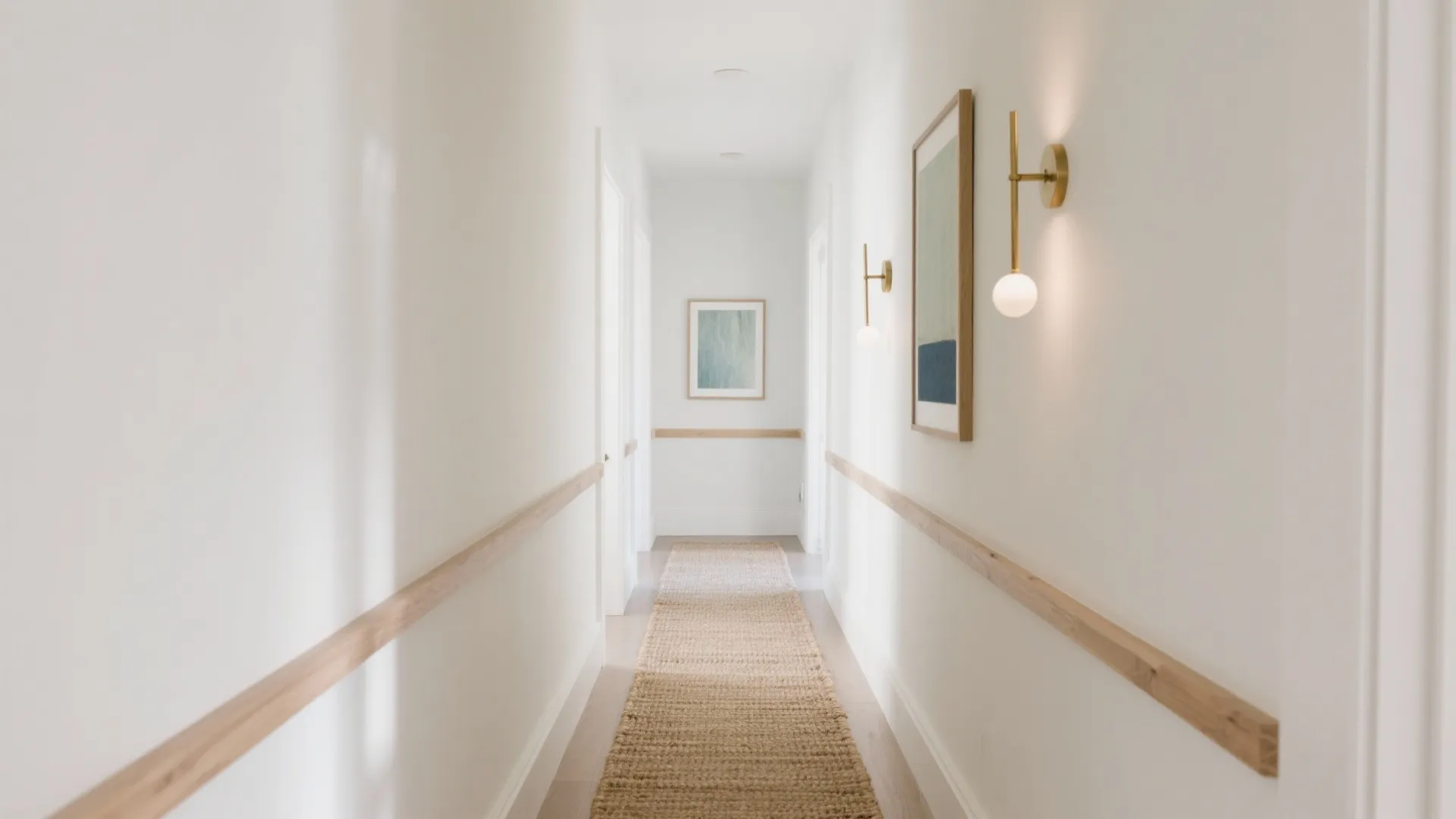 Bright white hallway with wooden wall panel long floor rug gold wall lights and framed art