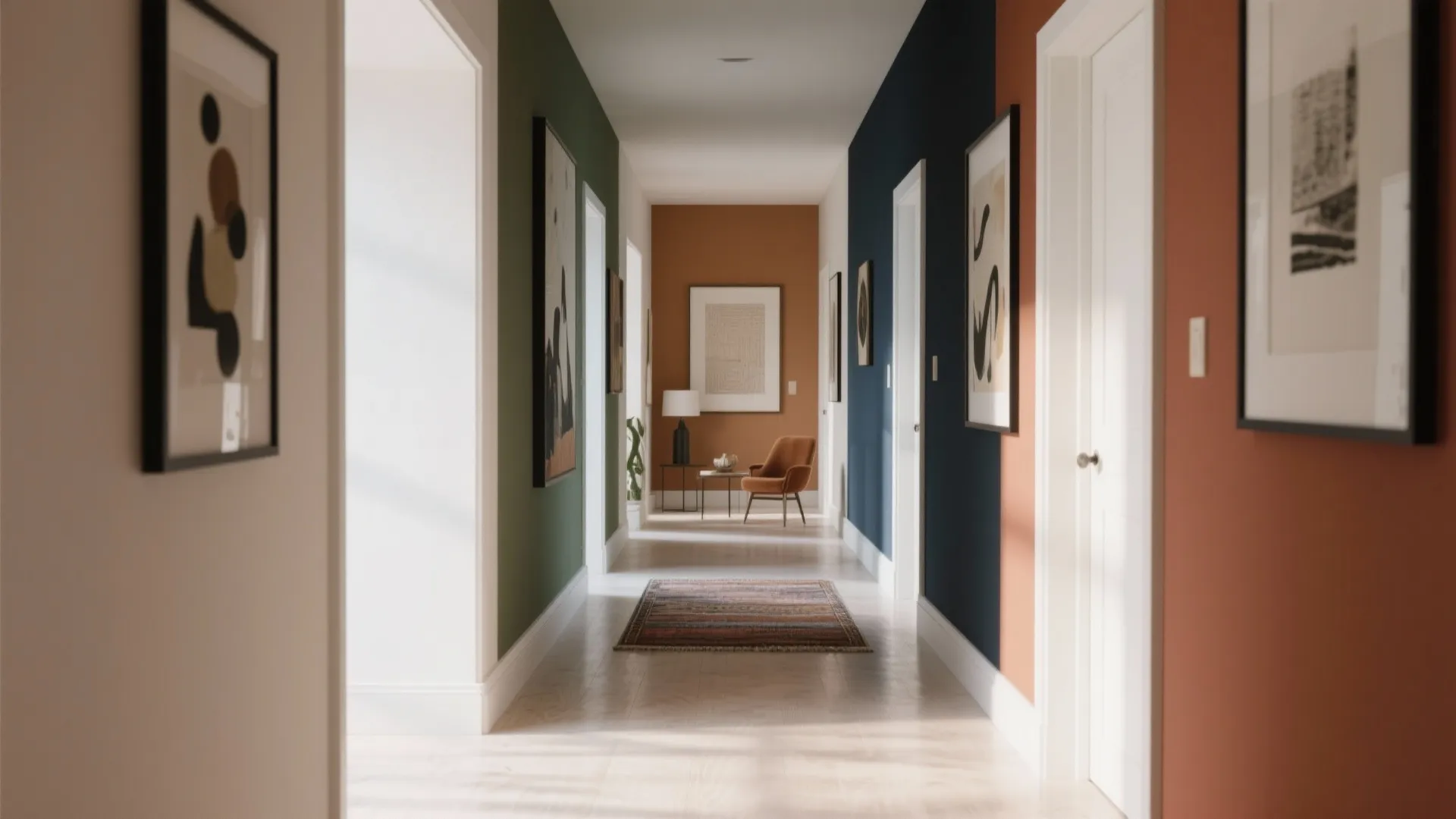 Modern hallway with colorful walls including green navy and orange featuring framed art and small rug