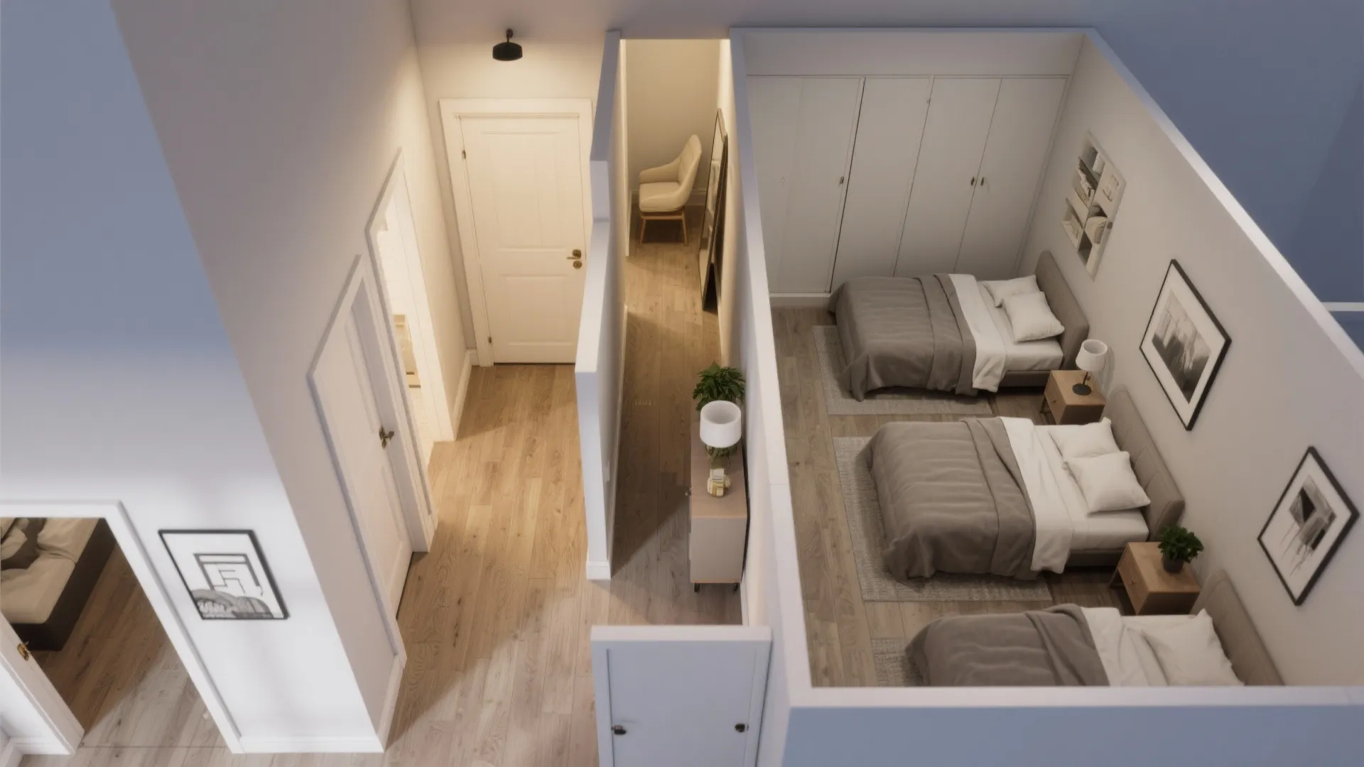 Modern apartment interior design drawing showing hallway and bedroom with three beds and wood flooring