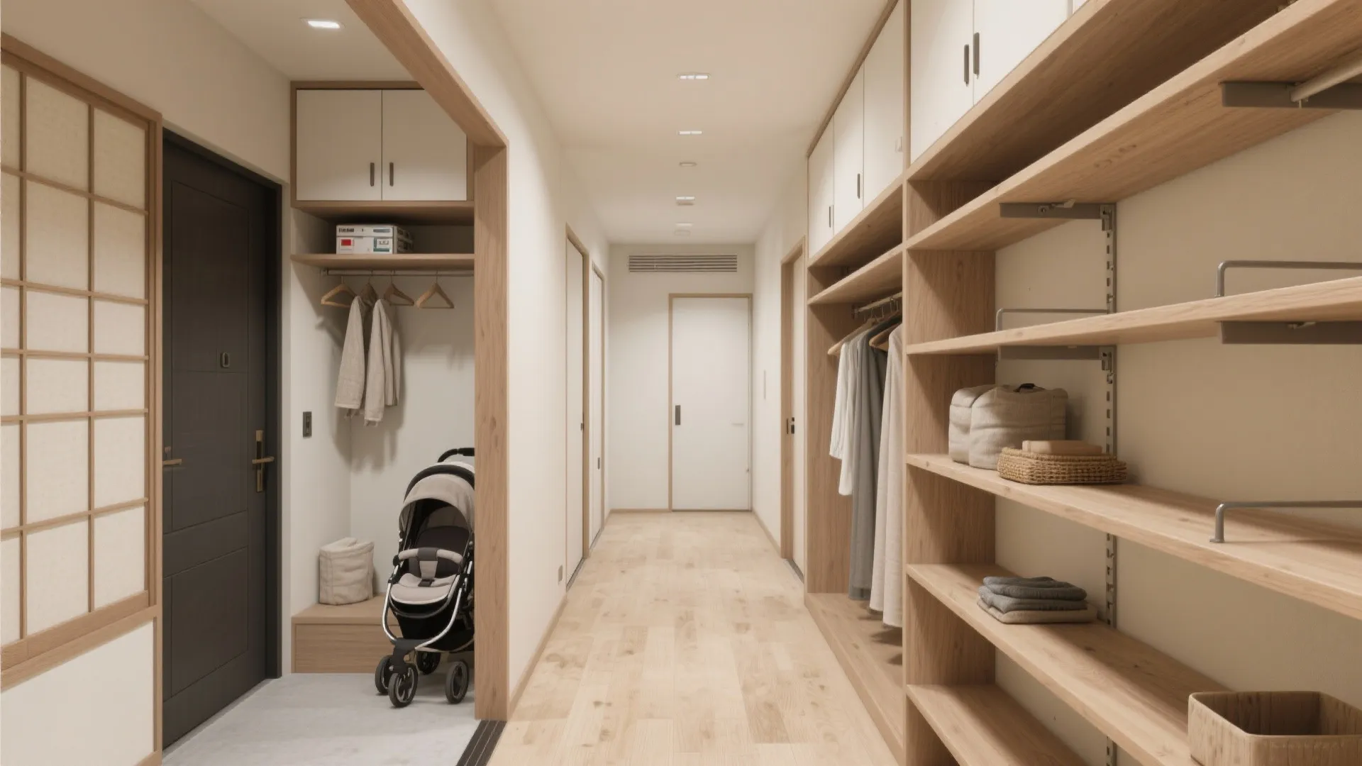 収納は“部屋に置かず、廊下に仕舞う”で視界の静けさを守る（収纳技巧）