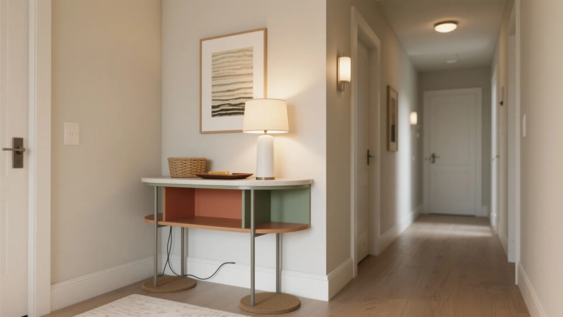 Warm hallway entryway with small colorful table holding white lamp and framed art on wall
