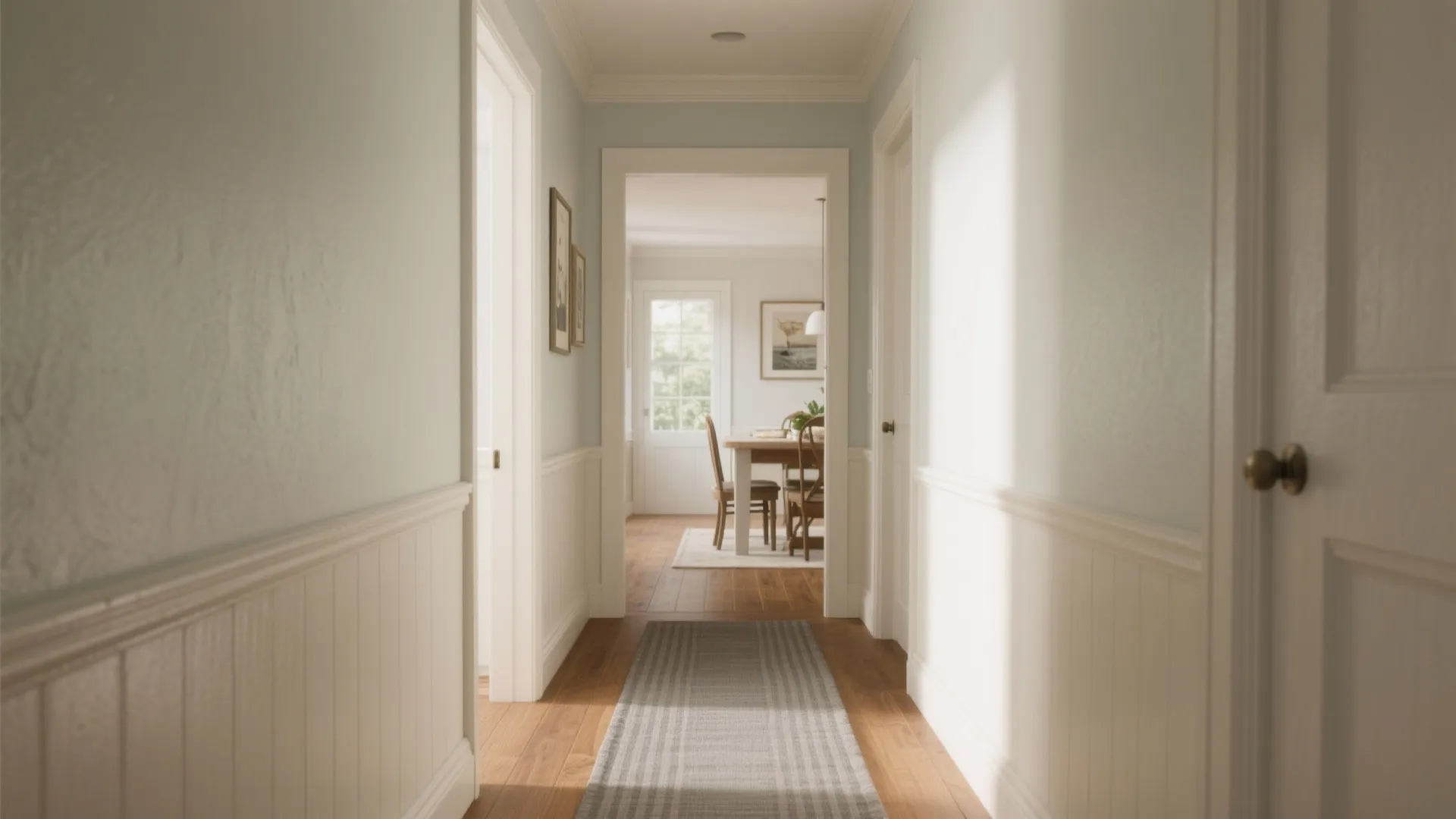 Bright hallway with light blue walls white wall panels wooden floor and a grey rug