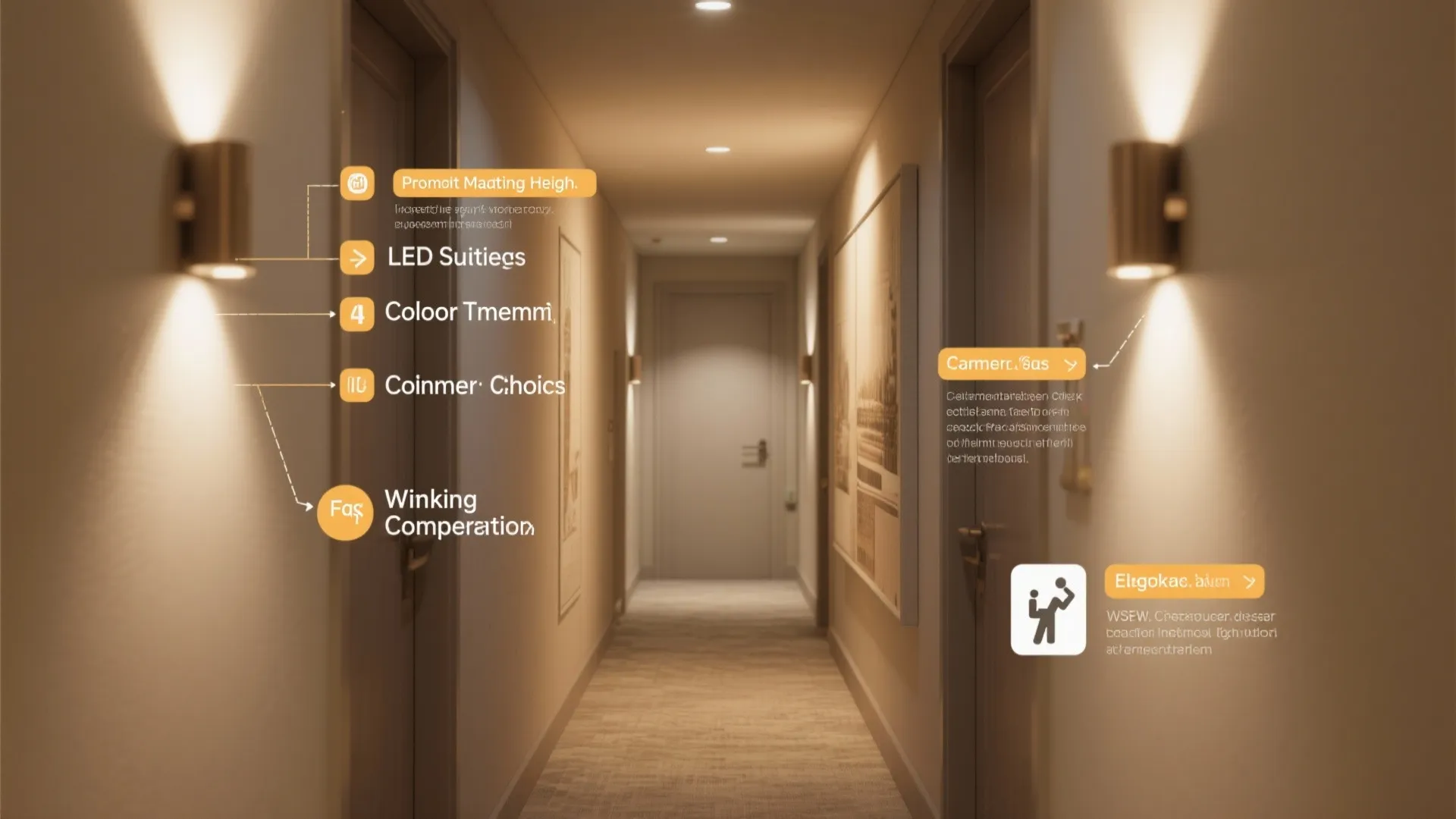 Infographic showing hallway lighting tips with wall lights and text icons in a modern home