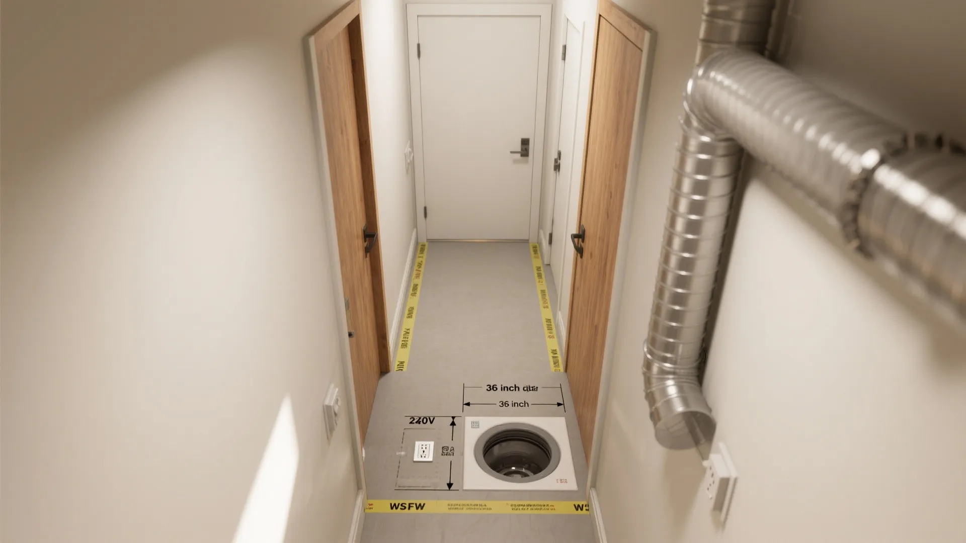 Interior design drawing showing a narrow hallway with measurement labels for a hidden washing machine
