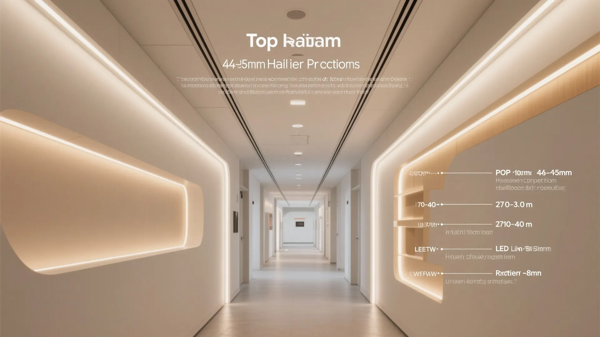 Interior design drawing of a long hallway with wall light strips and labeled technical measurements