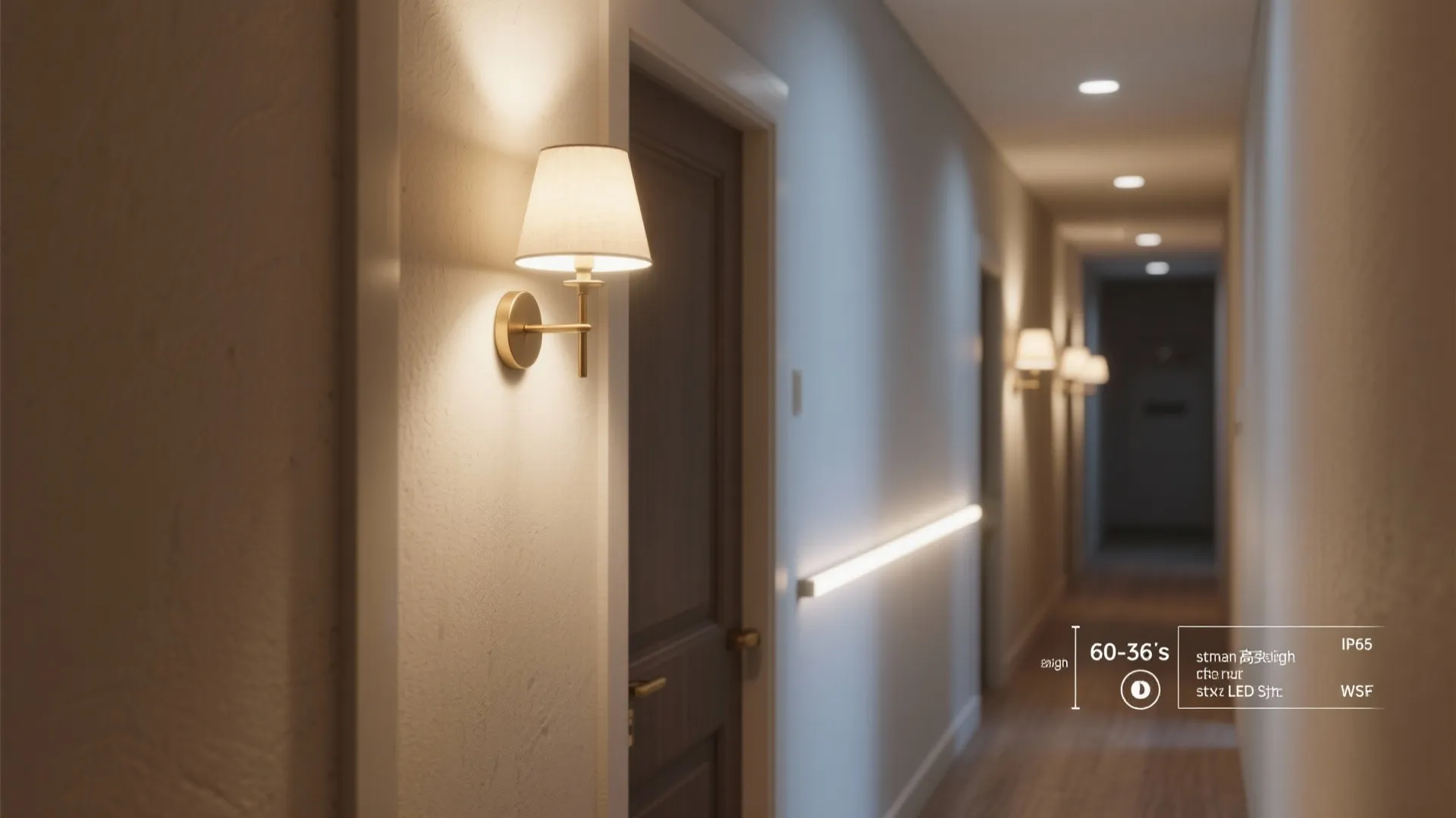 Hallway vignette illustrating sconce height, downlight spacing, and IP65 LED strip near an entry.