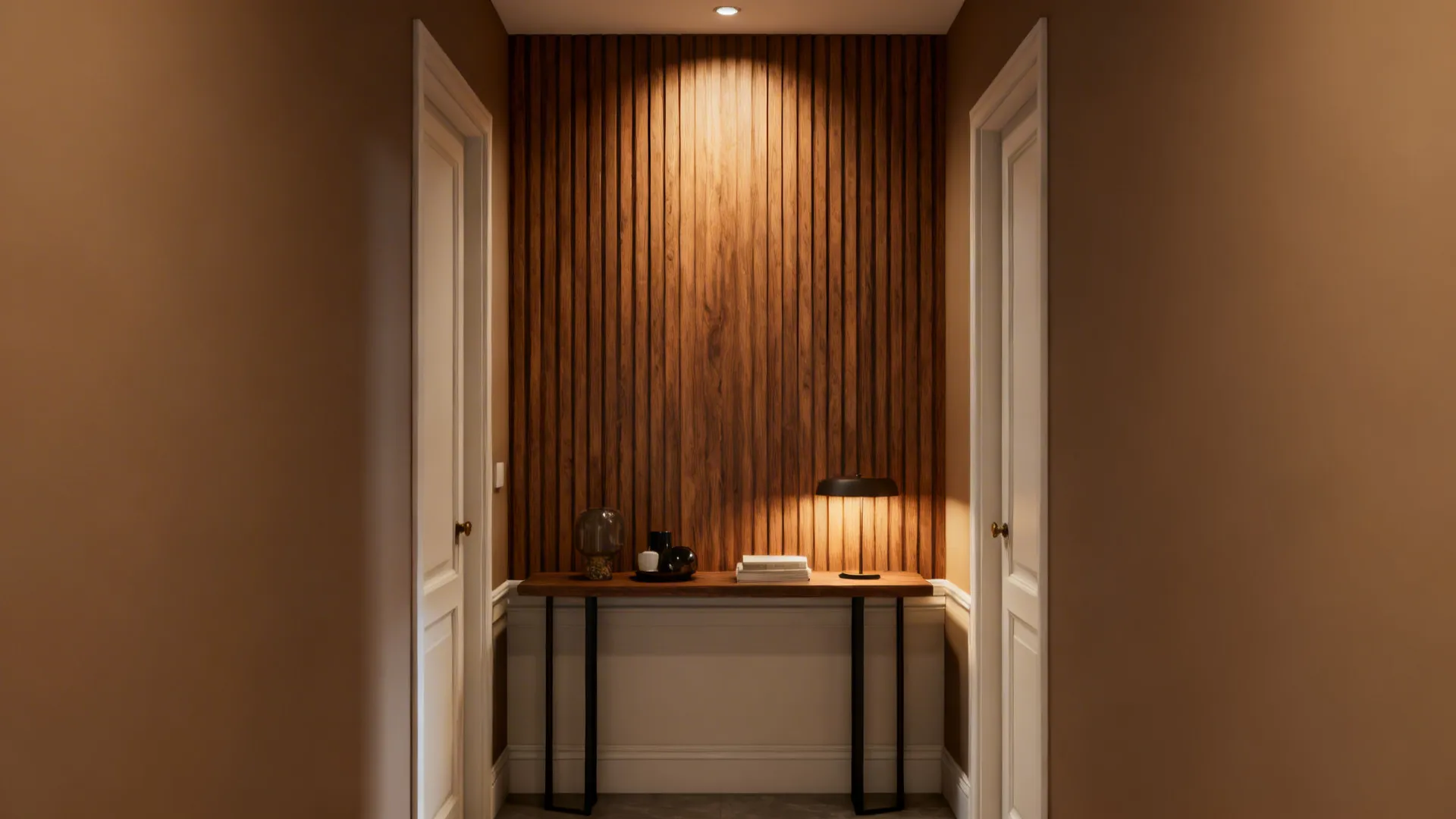 Hallway with vertical wood wall panel, small wooden table, table lamp, books, and two doors