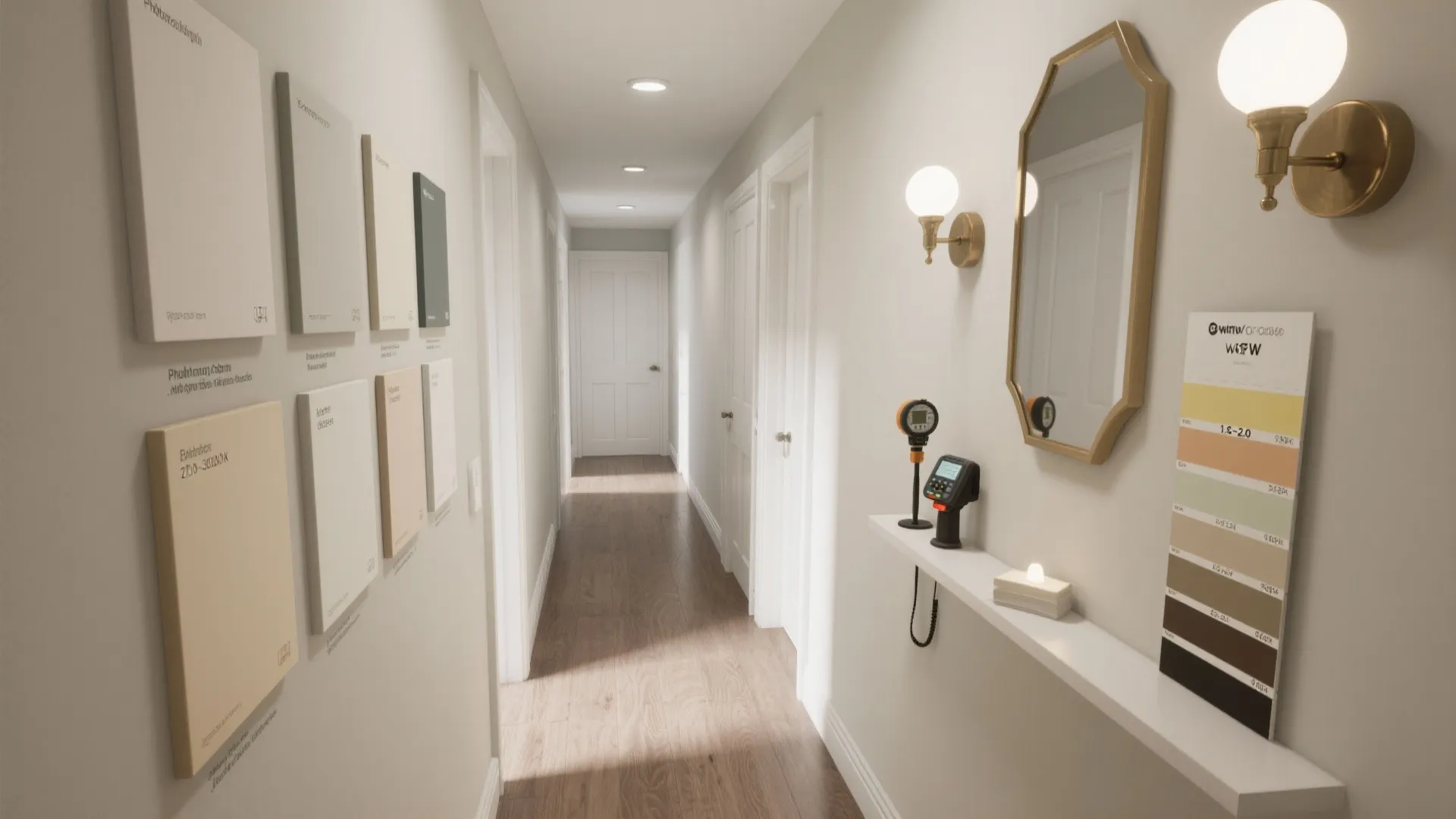 Top-down layout of paint finish samples, lighting references, and a paint deck for hallway planning.