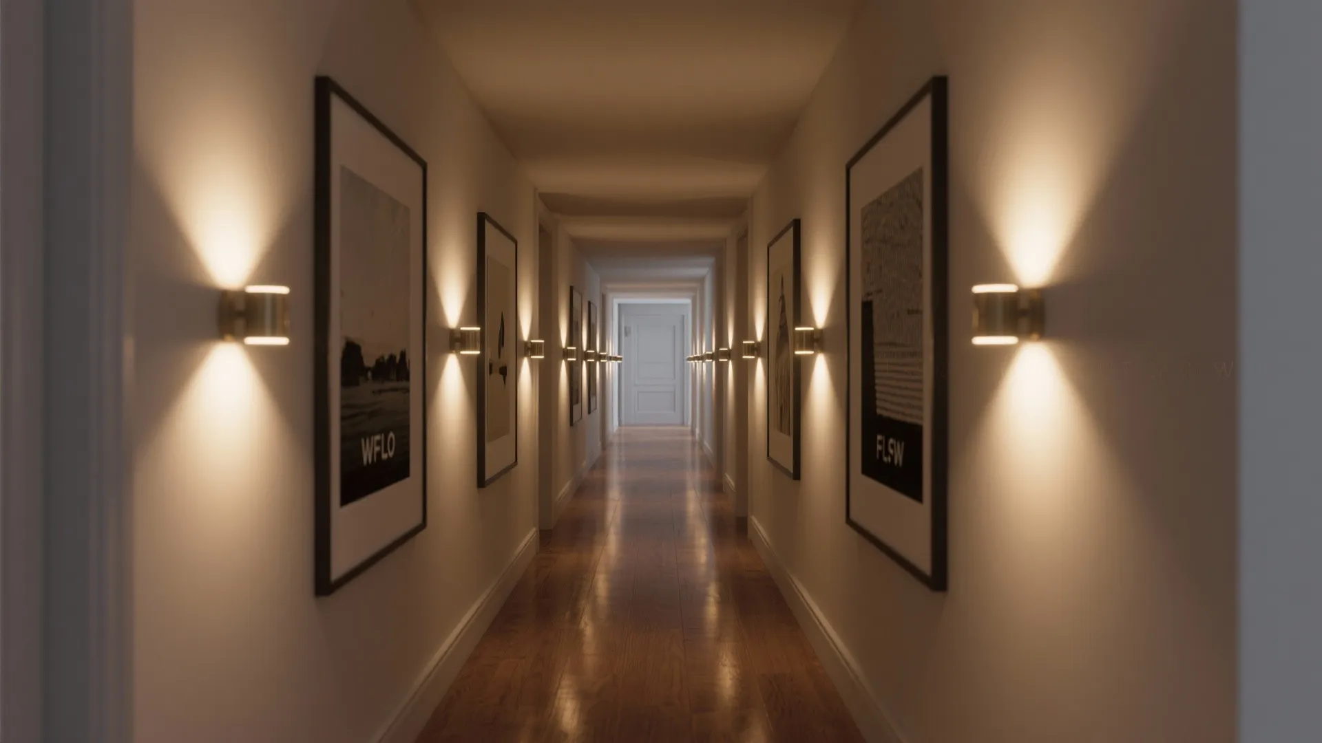 Narrow hallway lit by a sequence of Flos wall lights with framed art and hardwood floor