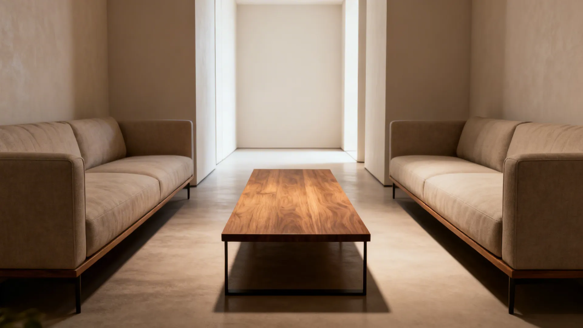 Slim long rectangular coffee table in a narrow living room showing generous clearance and balanced scale