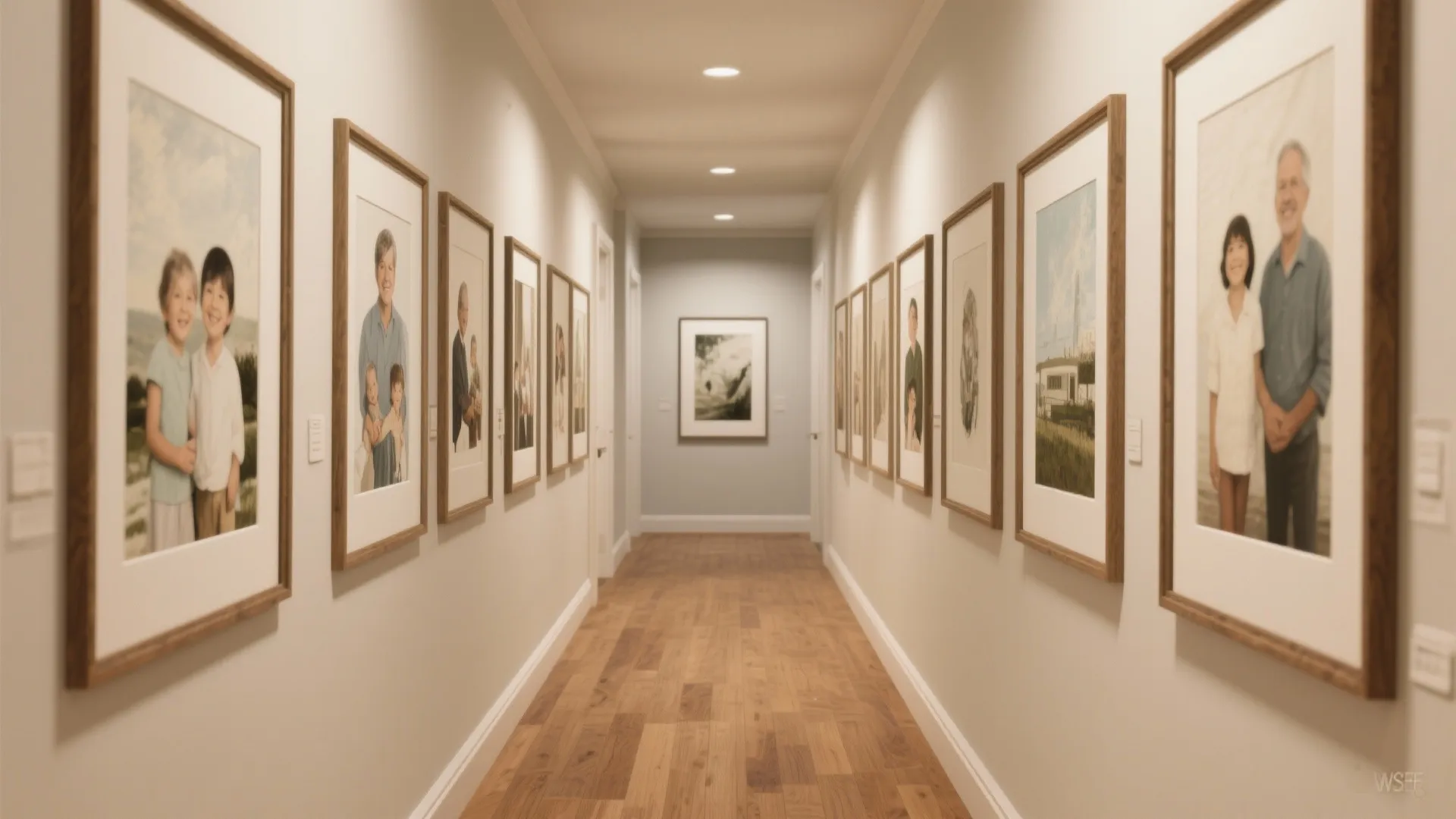 Bright hallway with many framed family photos on walls and wood floor under ceiling lights
