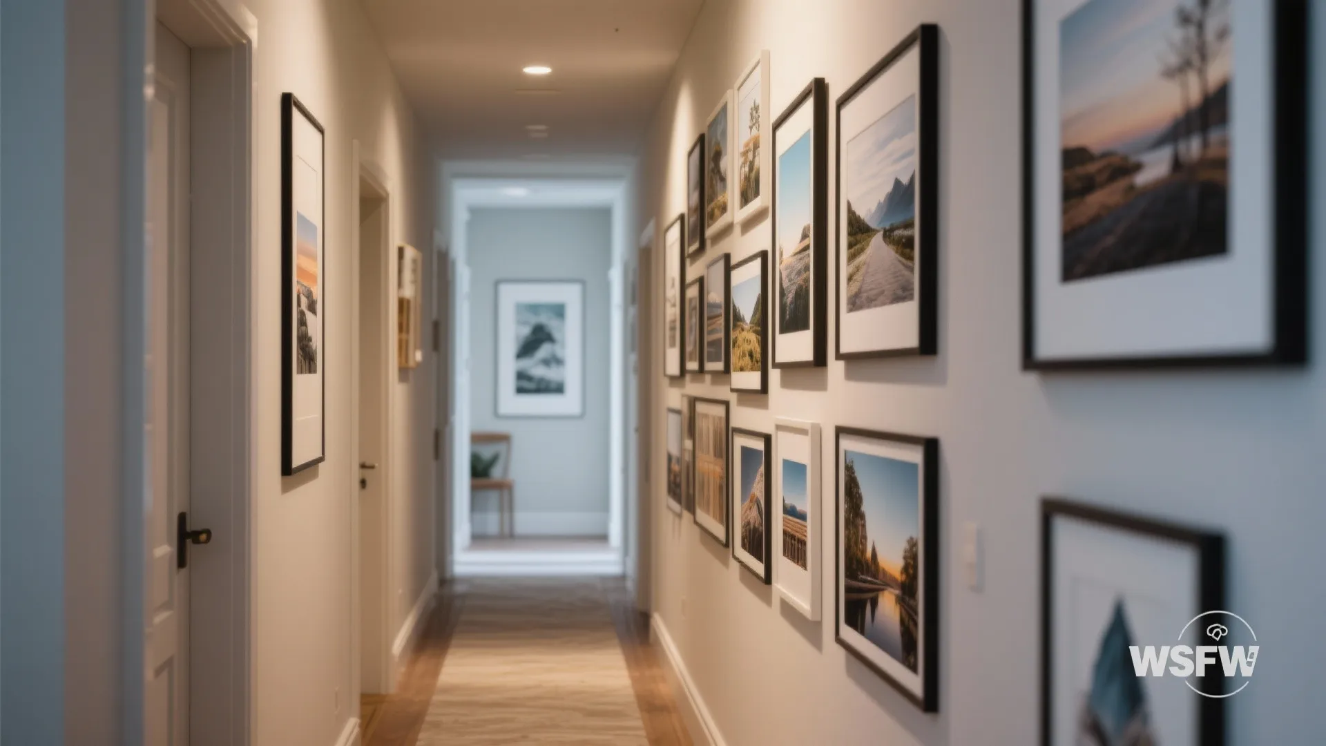 Long narrow hallway with a gallery wall of framed photos white walls and wooden floor