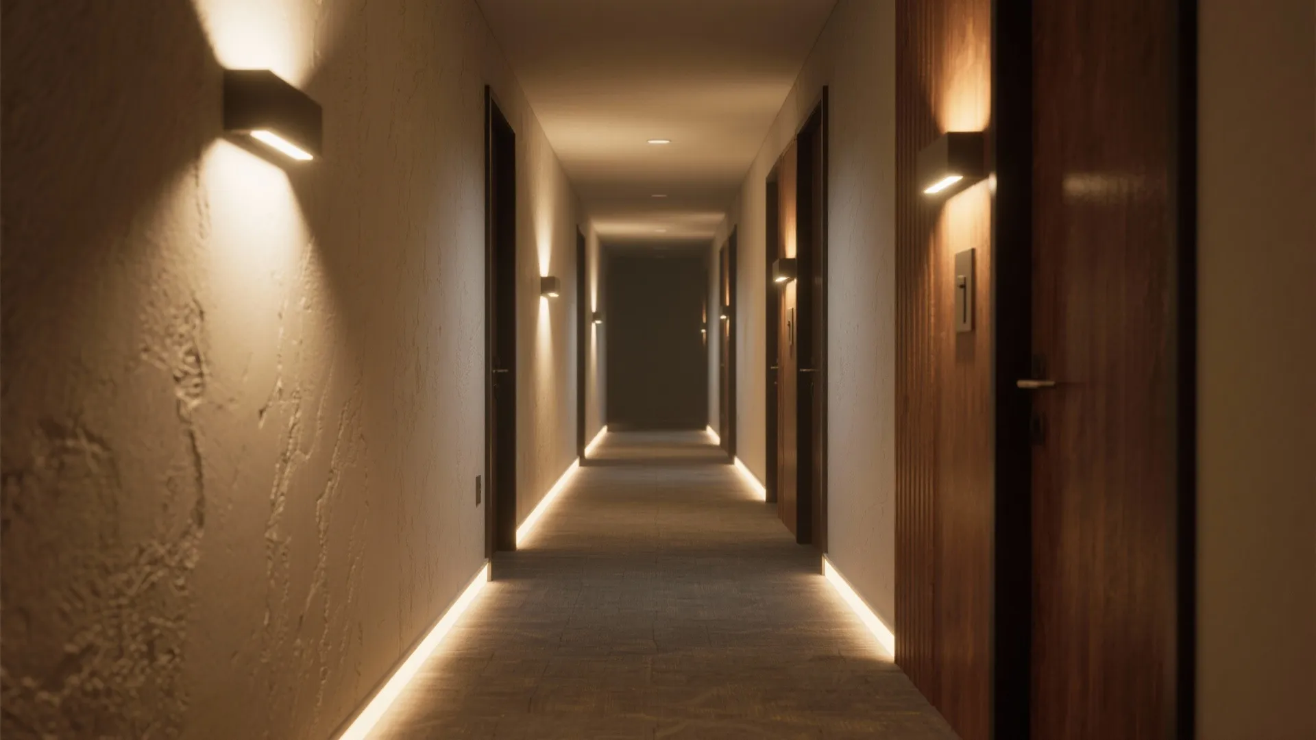 Long hallway with wooden doors featuring wall lights and warm glowing floor level strip lighting
