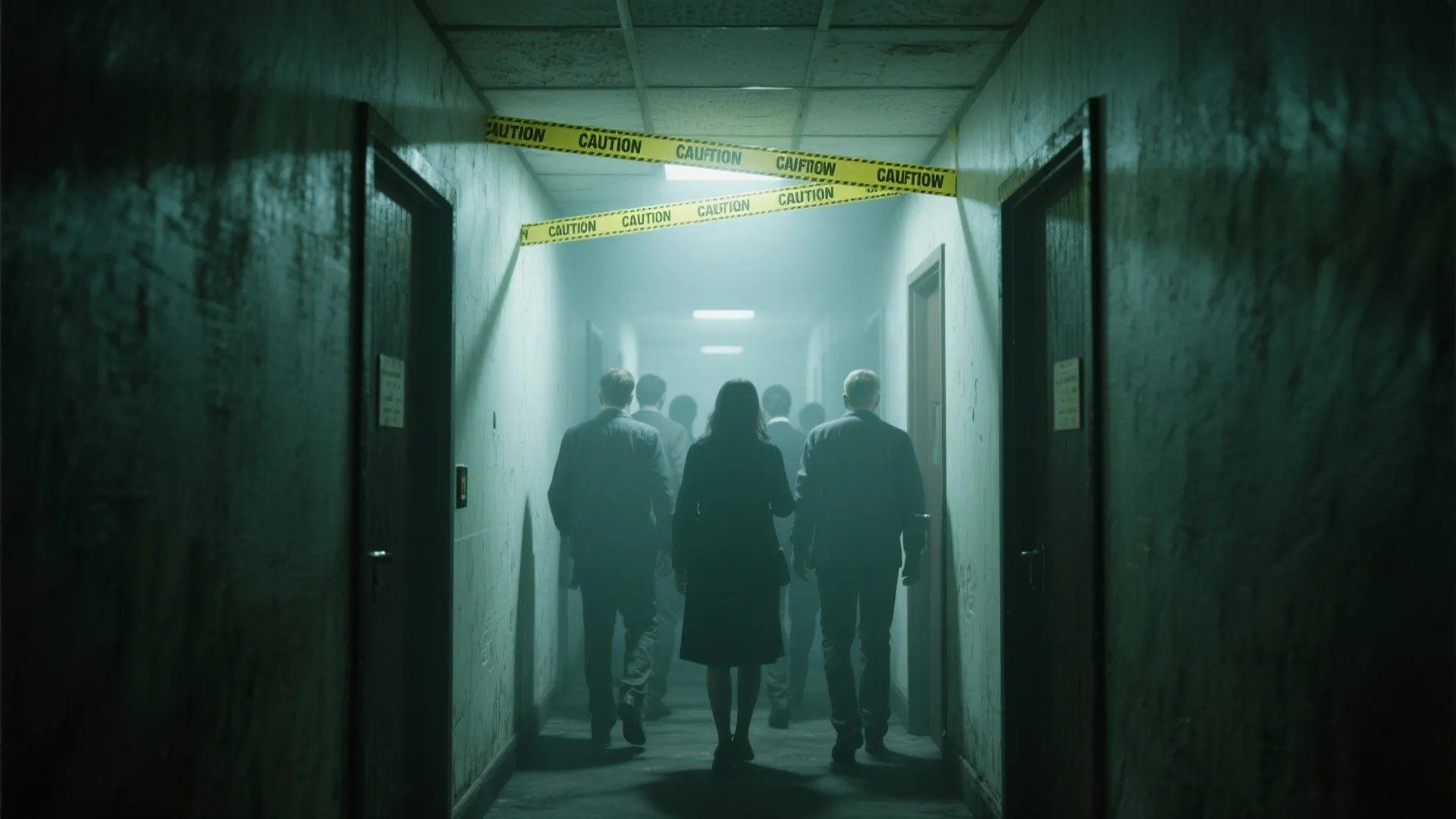 Dim hallway with caution tape strips hanging from ceiling