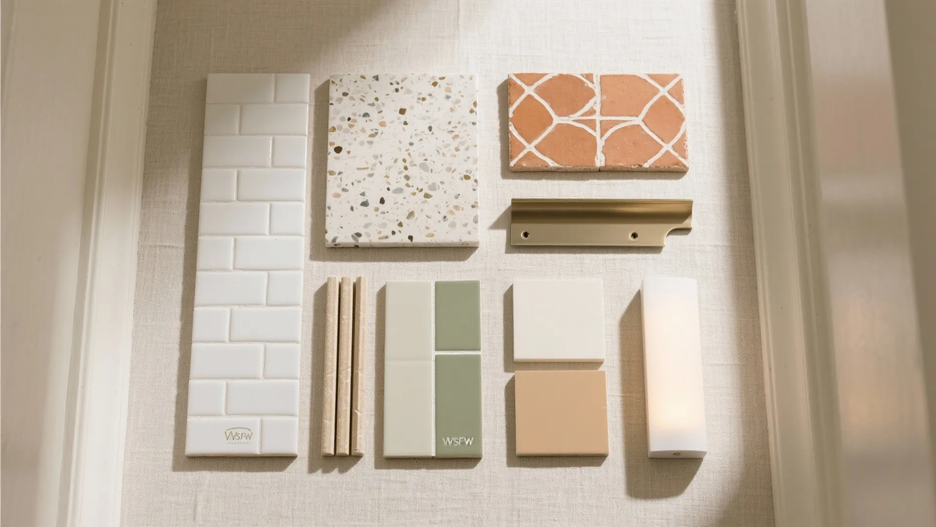 Collection of interior design material samples including tiles stone brass handle and a wall light