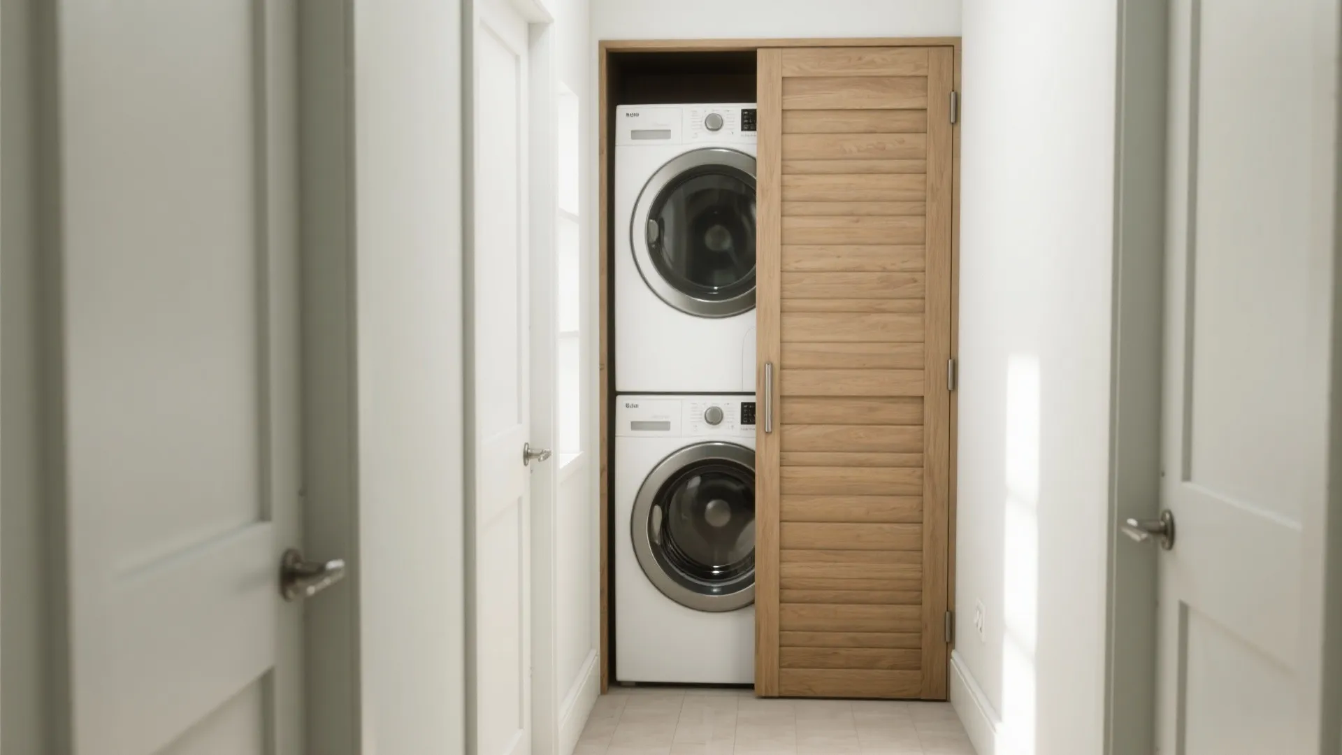 Compact laundry area in a white hallway with stacked washer and dryer behind wood doors
