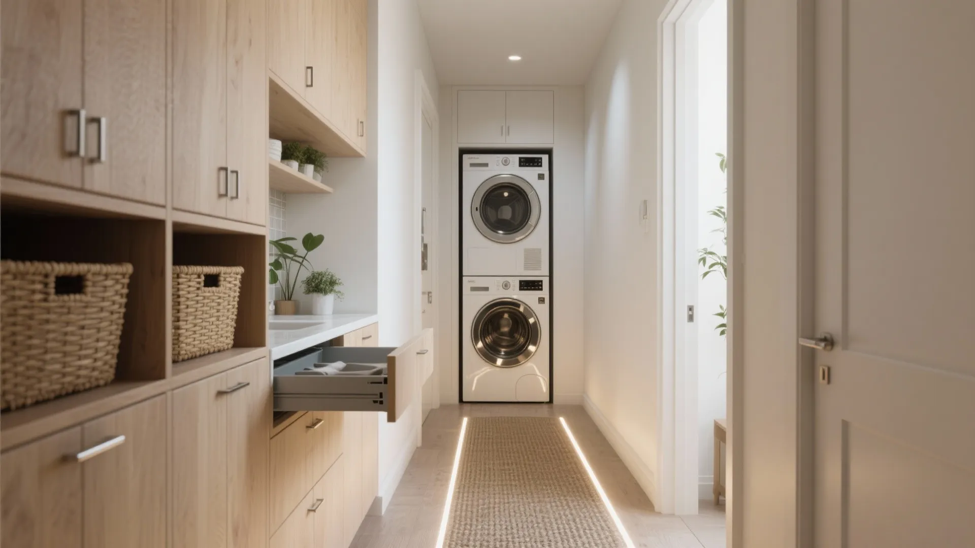 Bright hallway laundry area with wooden cabinets open drawer white stacked machines and floor lighting