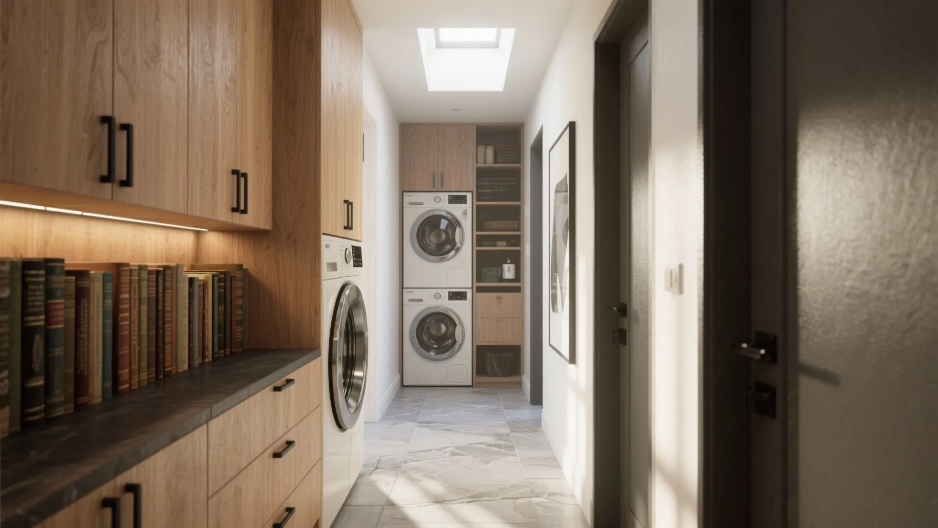 Modern hallway laundry area with wooden cabinets white washing machine dryer and natural roof window light