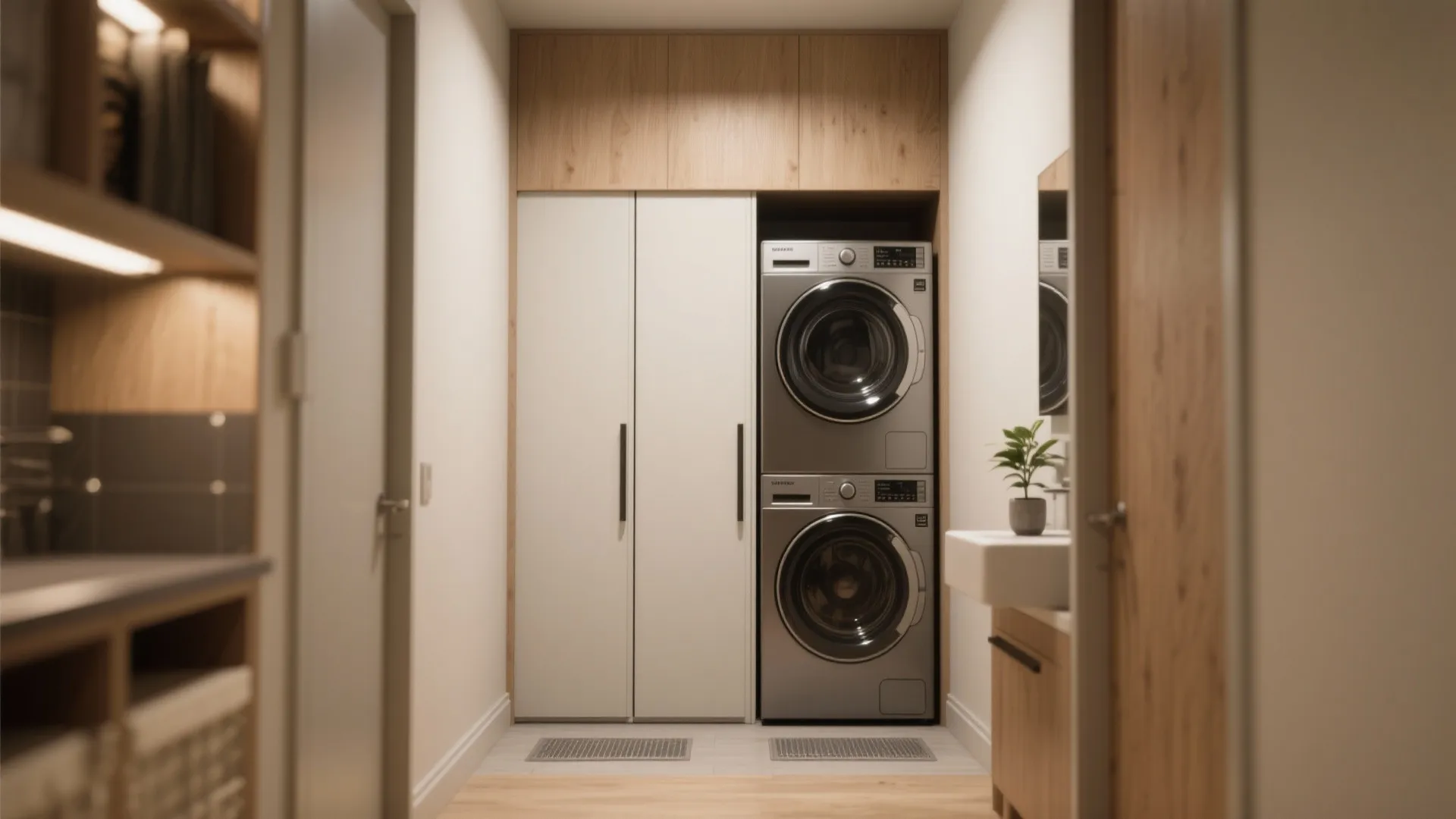 Modern hallway laundry nook with stacked washing machines built into custom wood and white cabinets