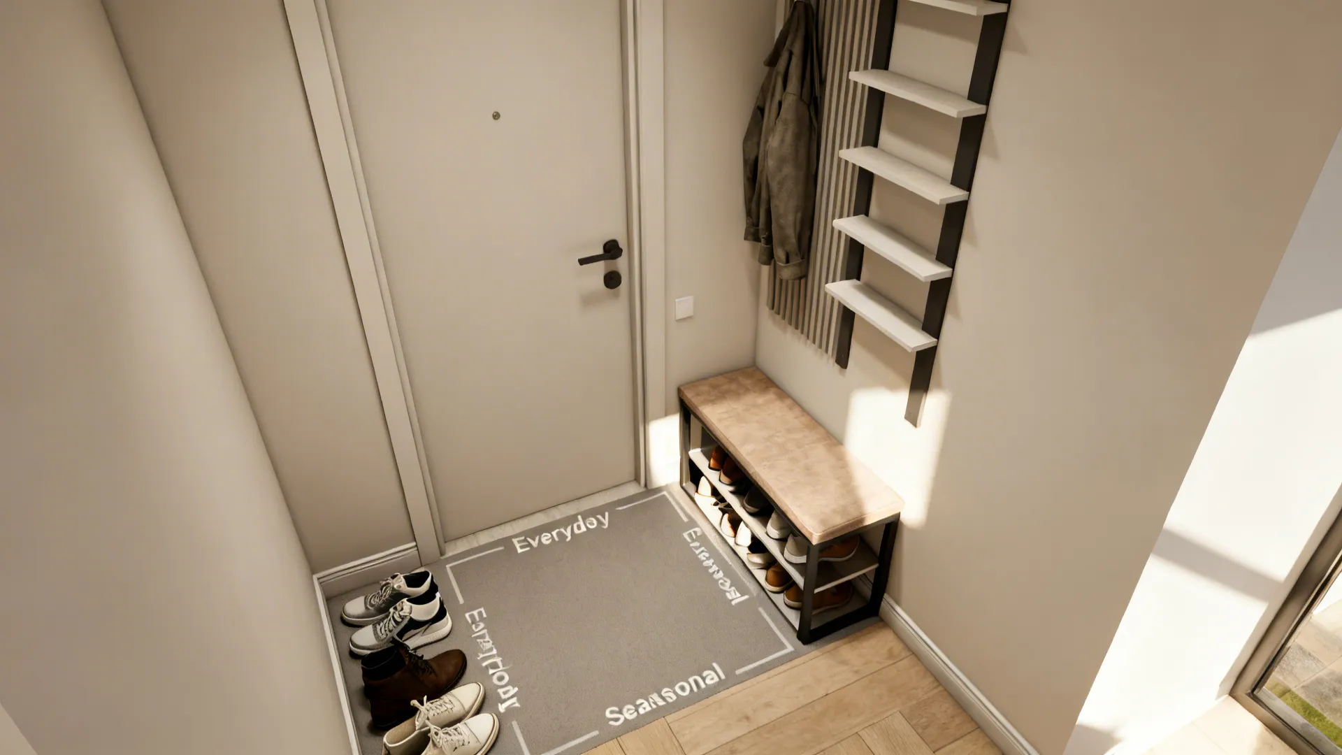 Top-down visualization of a narrow hallway with organized shoe zones for everyday and seasonal storage.
