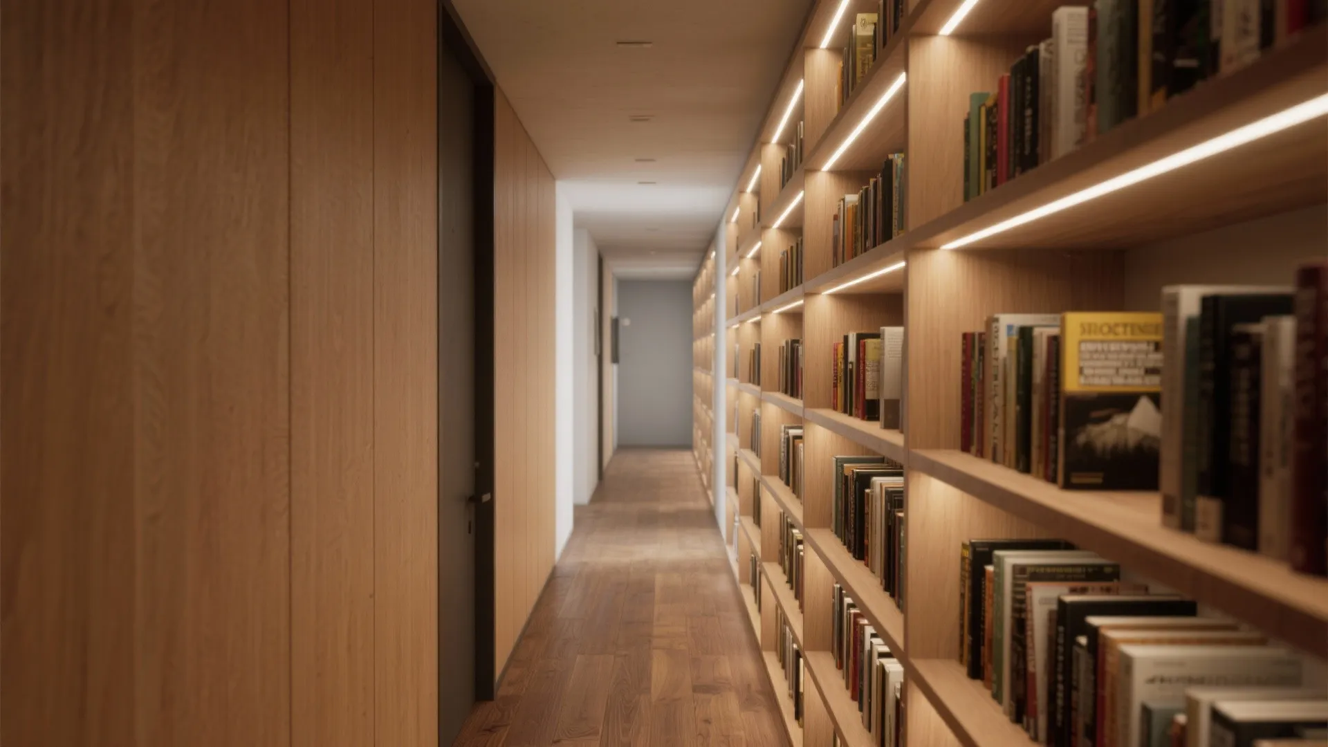 Long wooden hallway with a floor to ceiling bookshelf featuring integrated light strips and books
