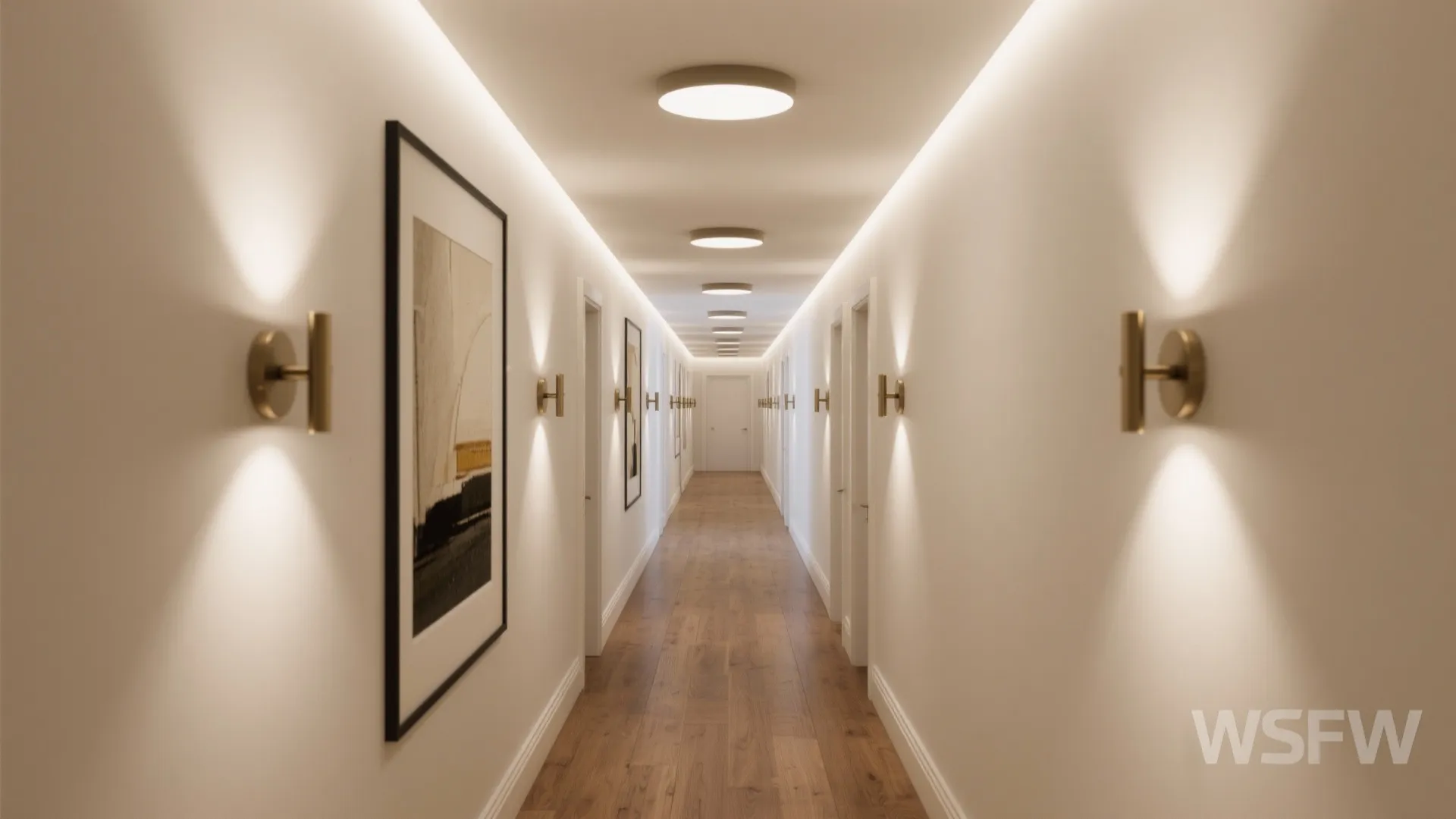 Long narrow hallway with wooden floor white walls round ceiling lights and gold wall lights