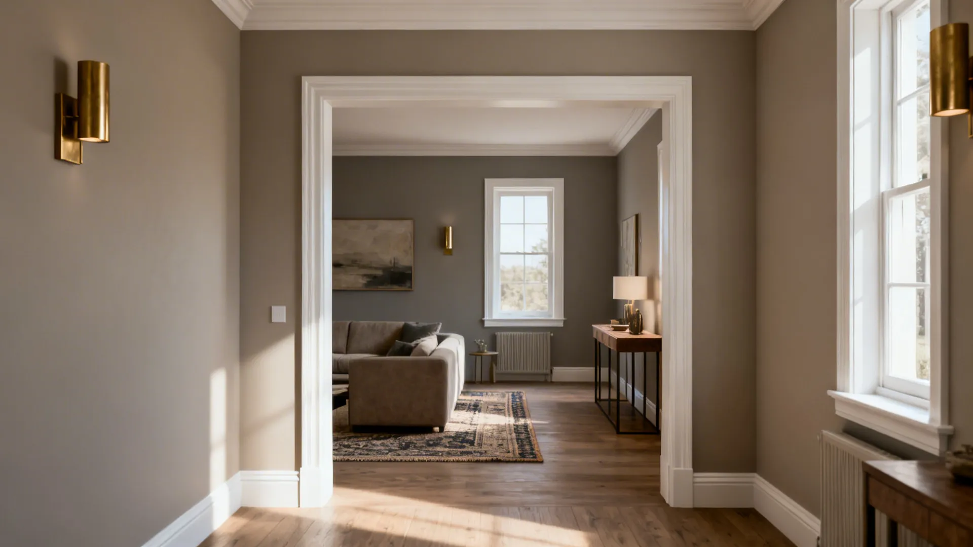 Long blue hallway with gold wall lights leading into a modern living room with sofa