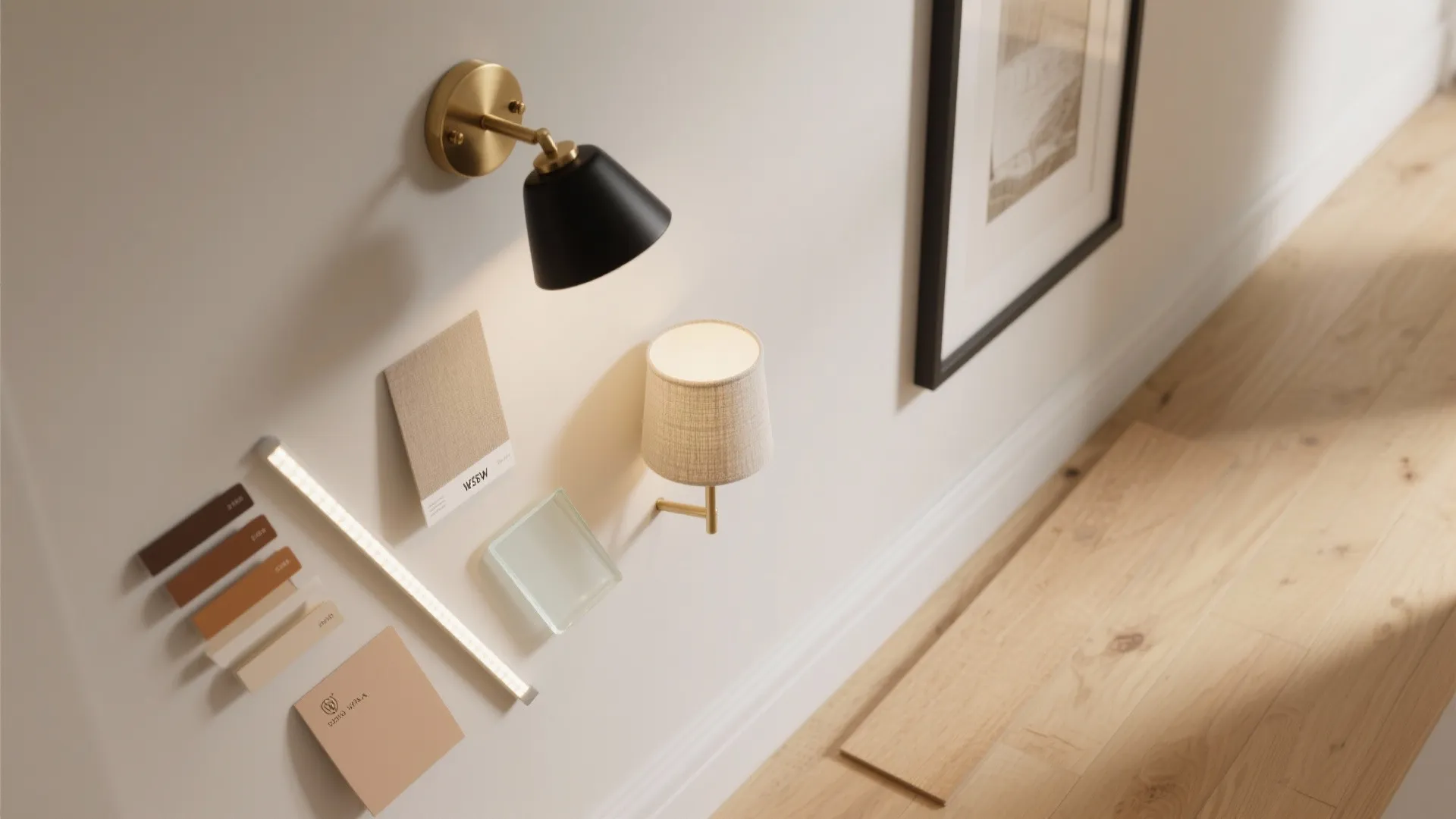 Art-focused picture lights along the hallway