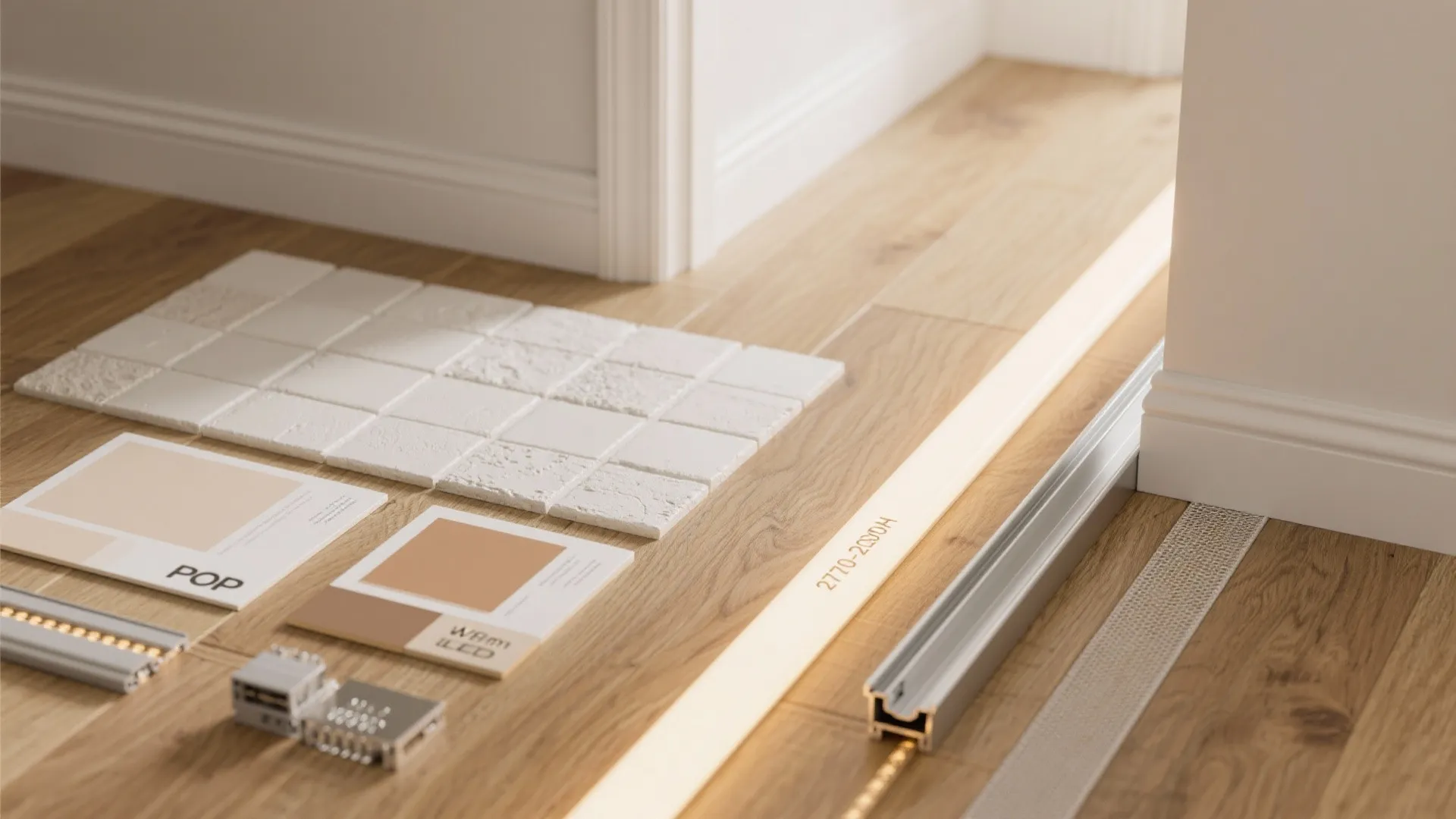 Floor design materials with wood flooring white tiles color swatches and a warm light strip