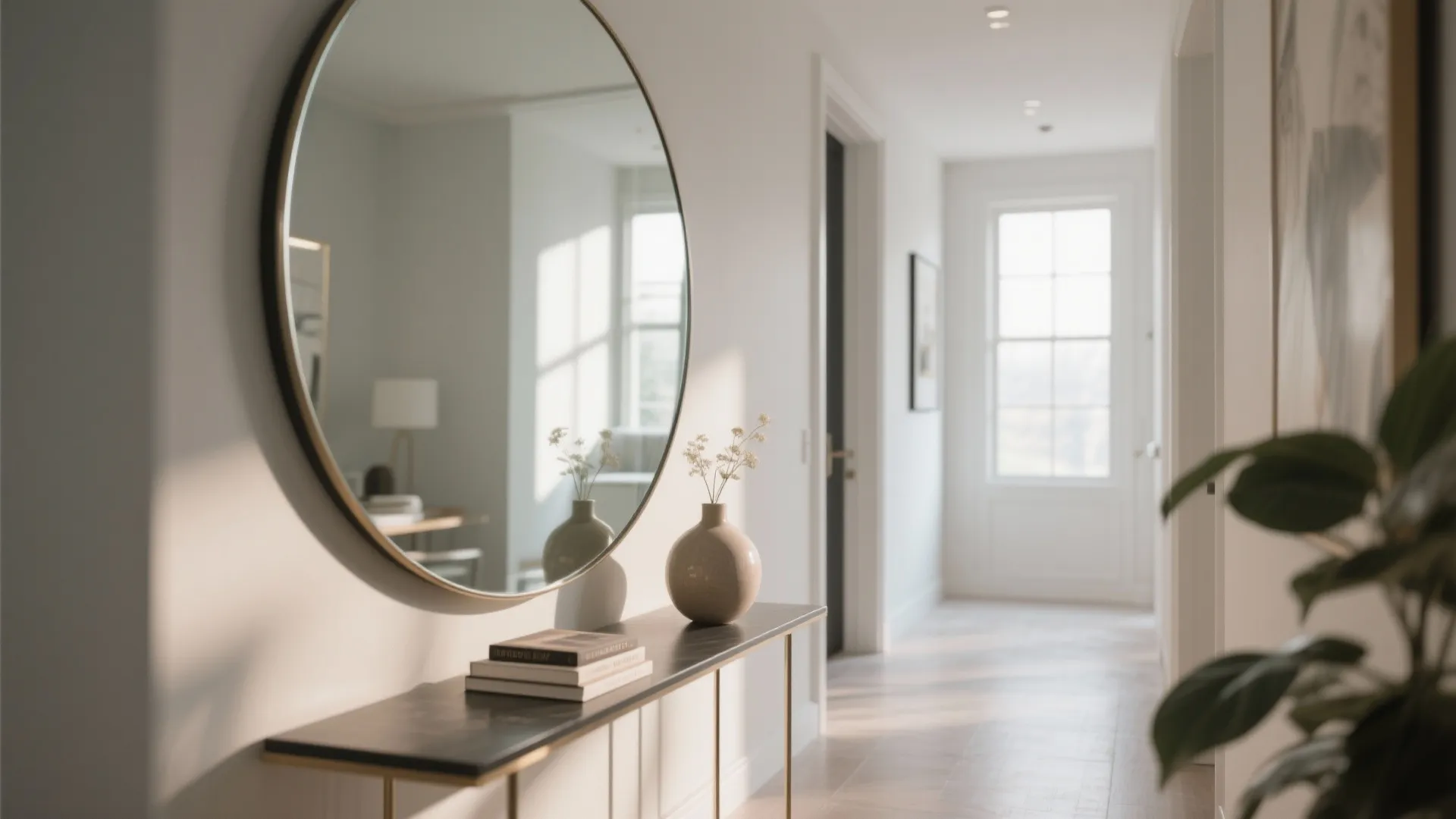 Minimalist hallway featuring a round wall mirror black thin table with books and a vase