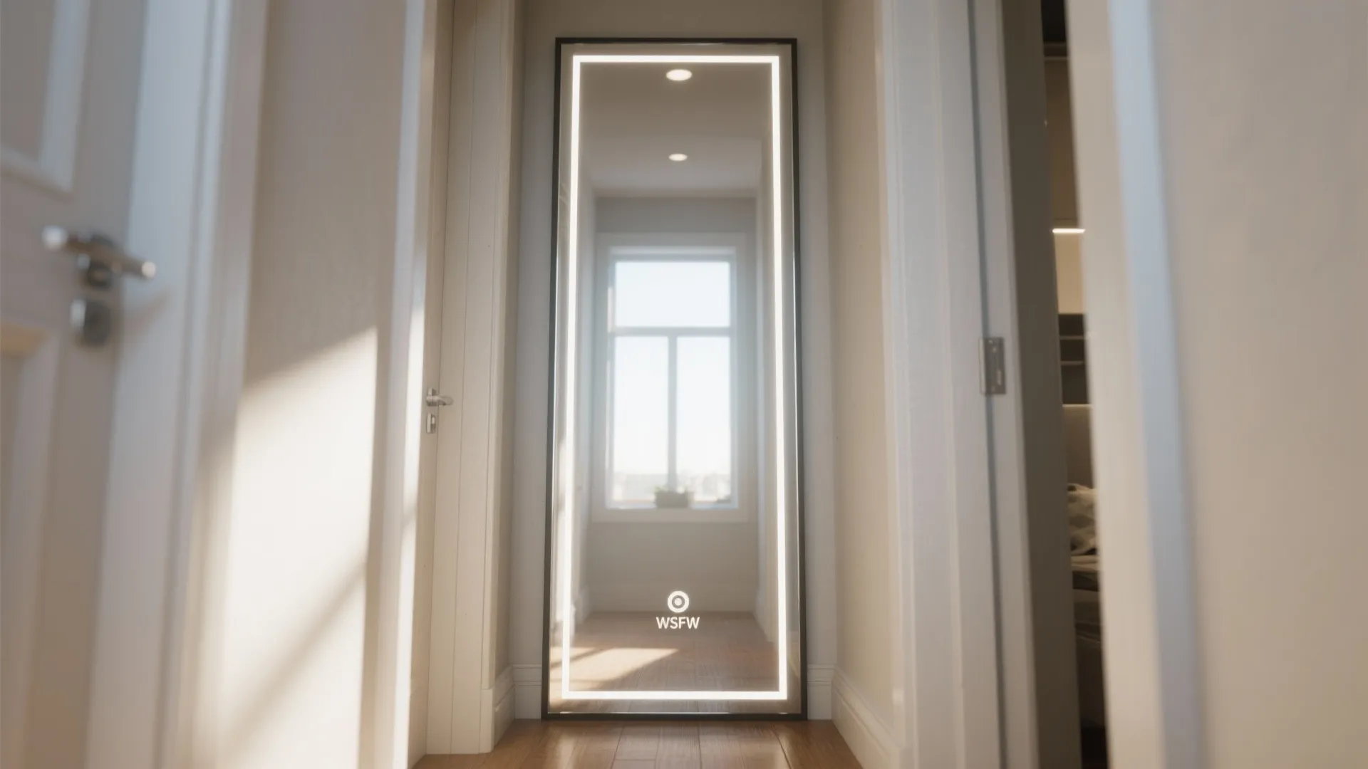 Large mirror reflecting sunlight in a narrow hallway