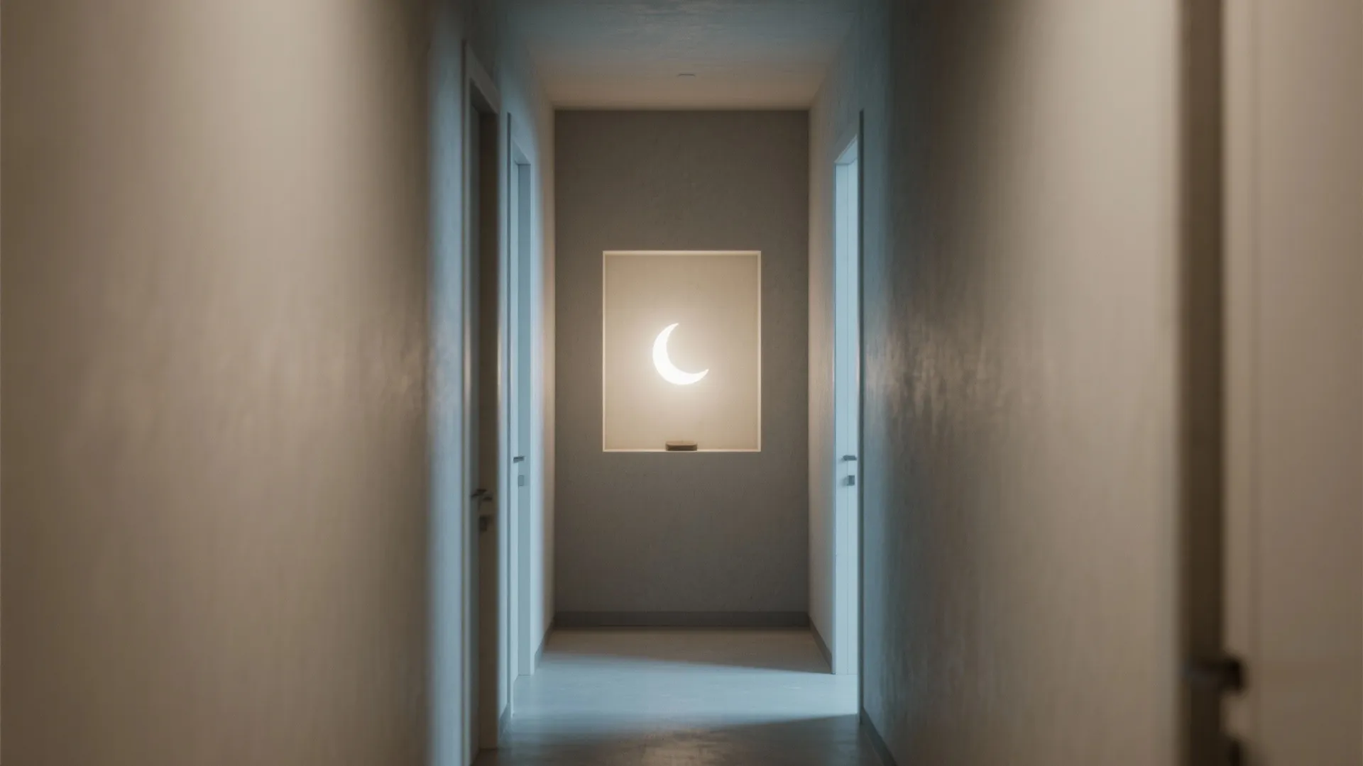 Narrow hallway with white doors and a glowing moon wall light inside a small niche