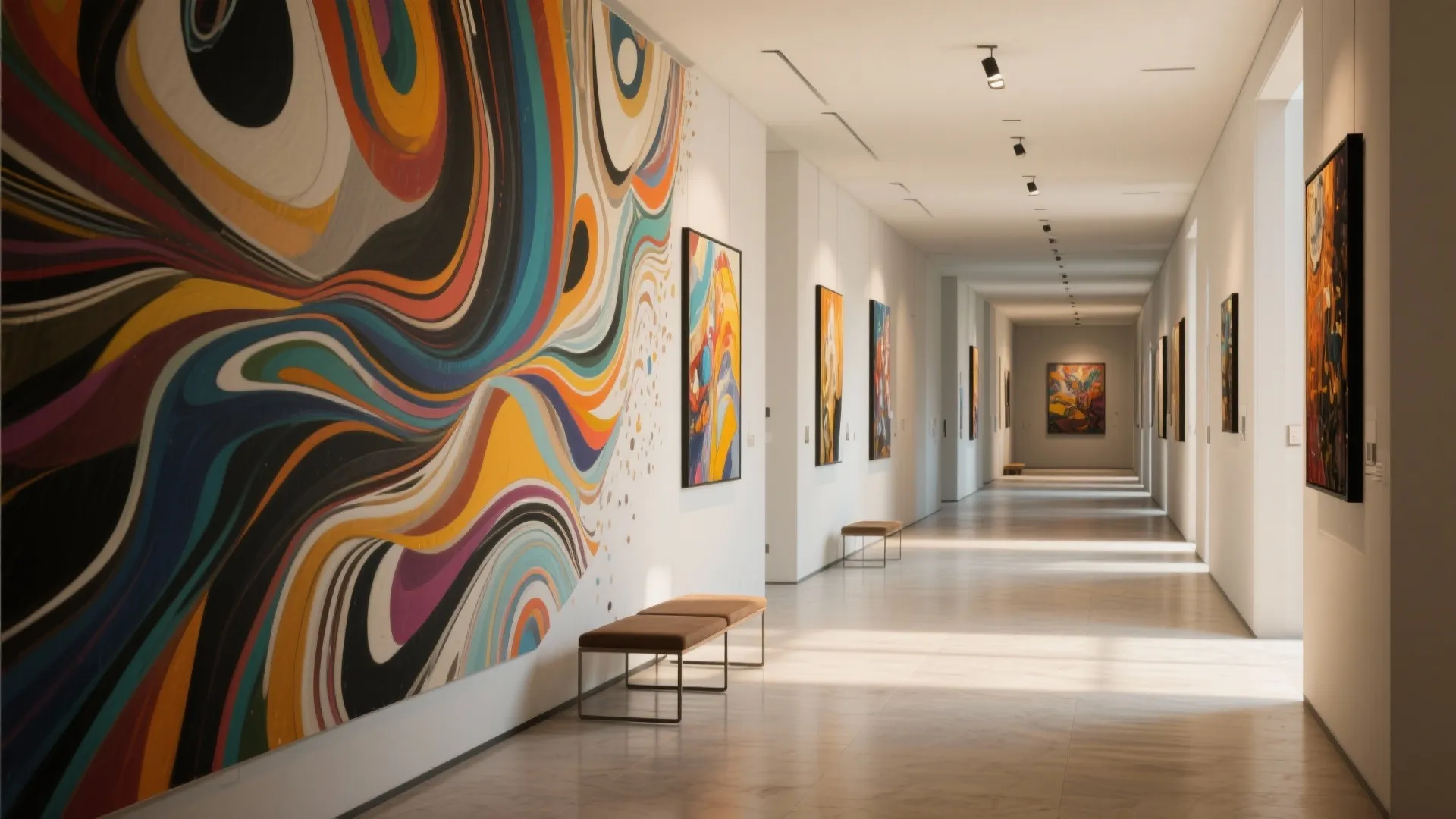 Long white hallway featuring colorful abstract mural art on walls with benches and ceiling lights