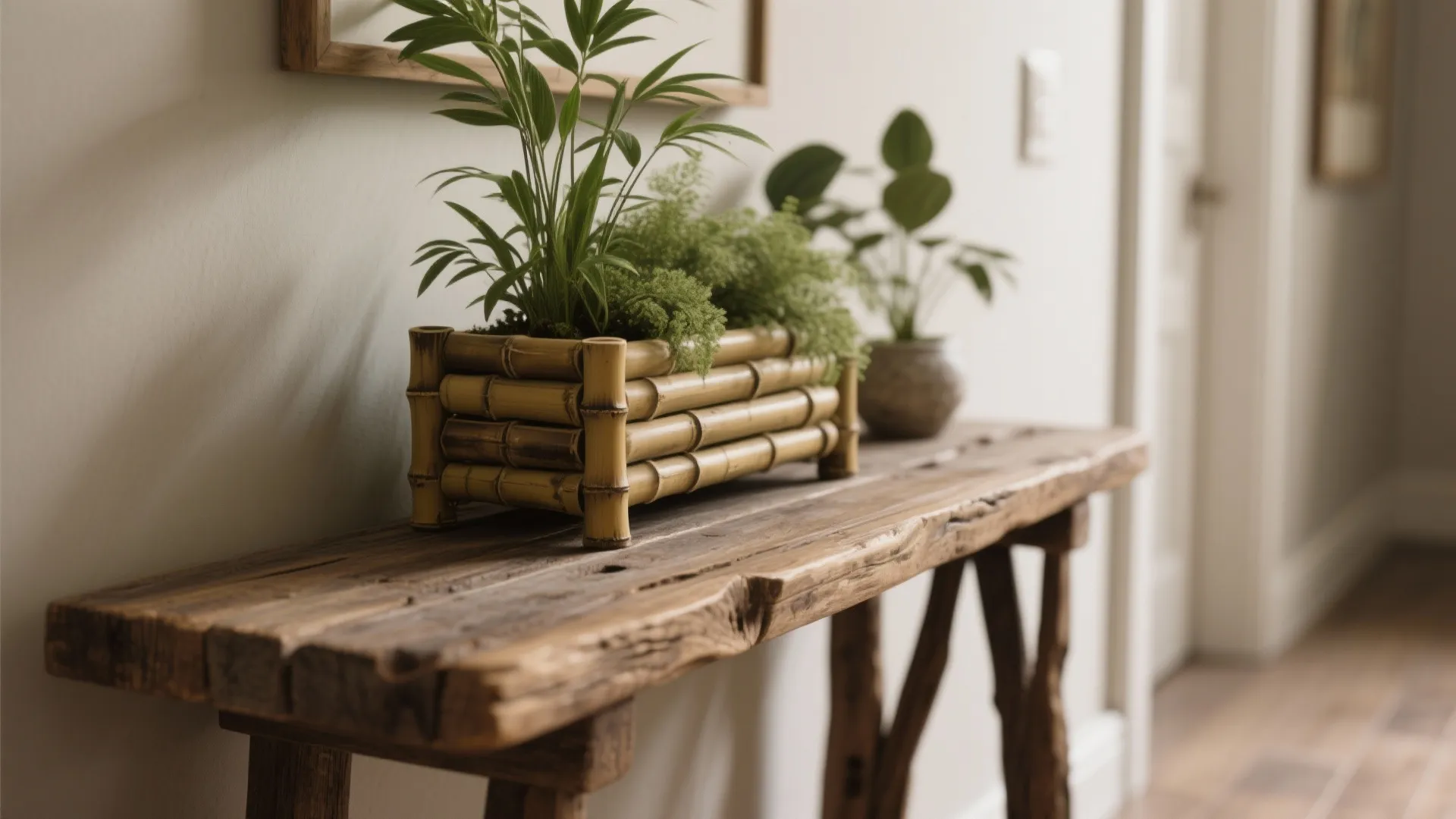 Green potted plants in a bamboo box sitting on a rustic wooden table in hallway