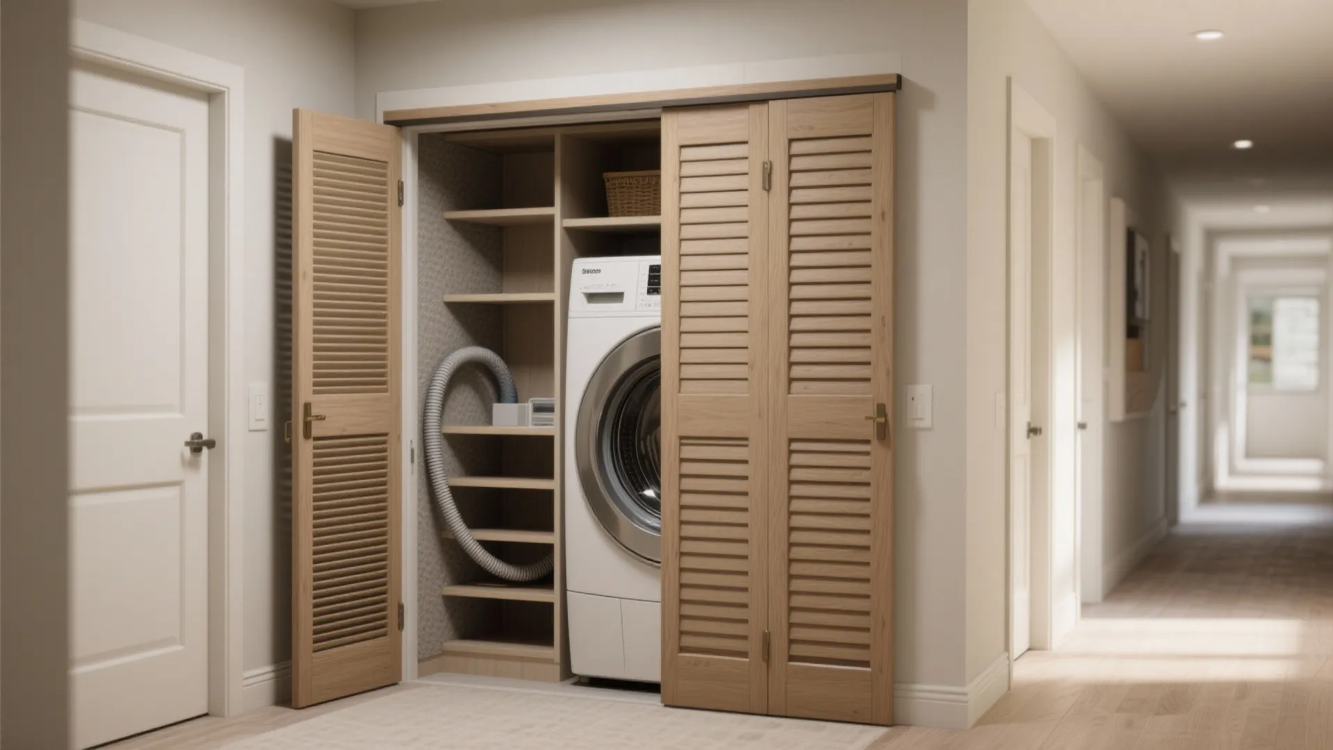 Hallway laundry nook concealed behind louvered doors, showing machines and removable shelving.