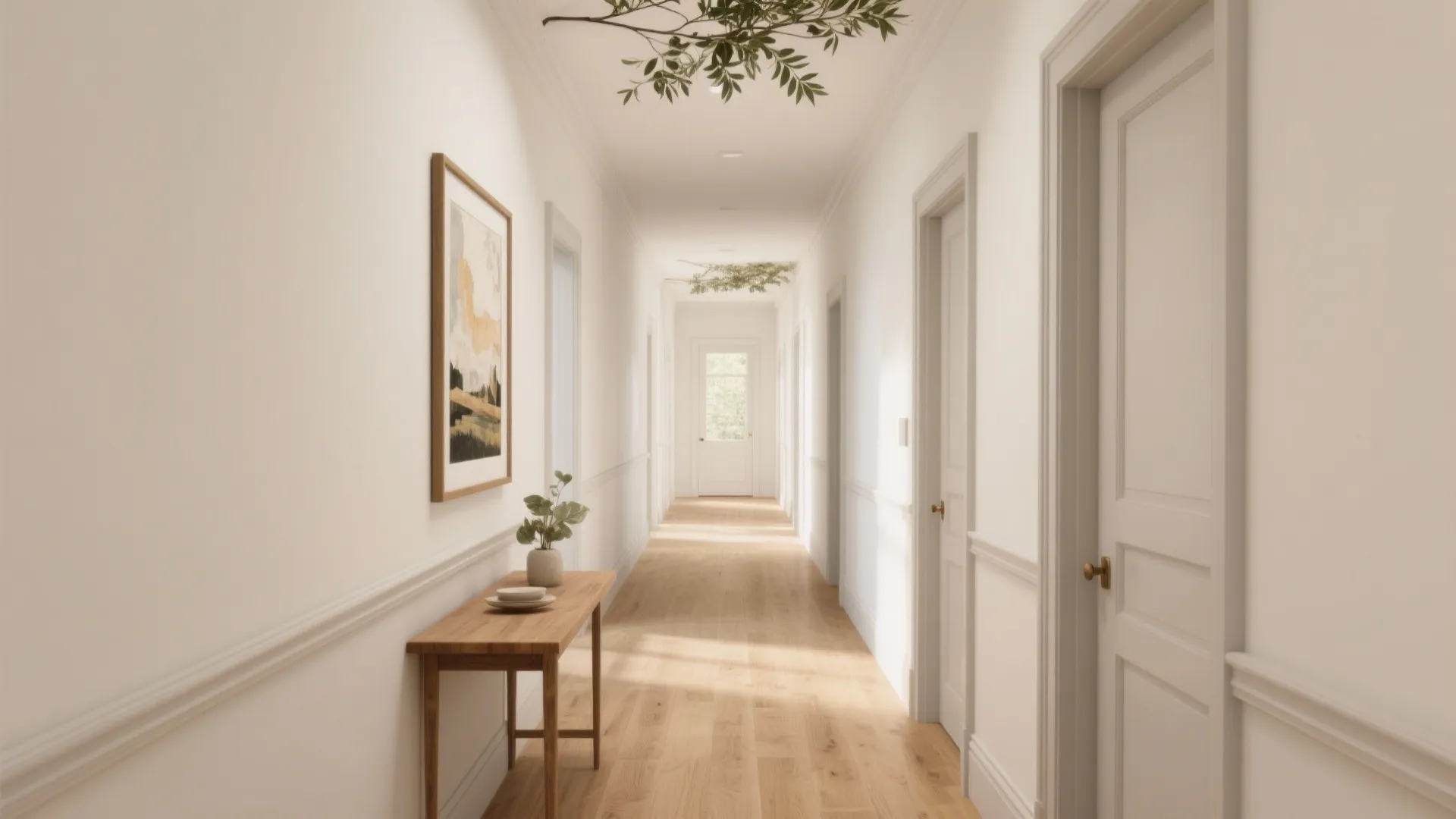 Bright white hallway with wooden floors wall panel wooden table framed art and natural light