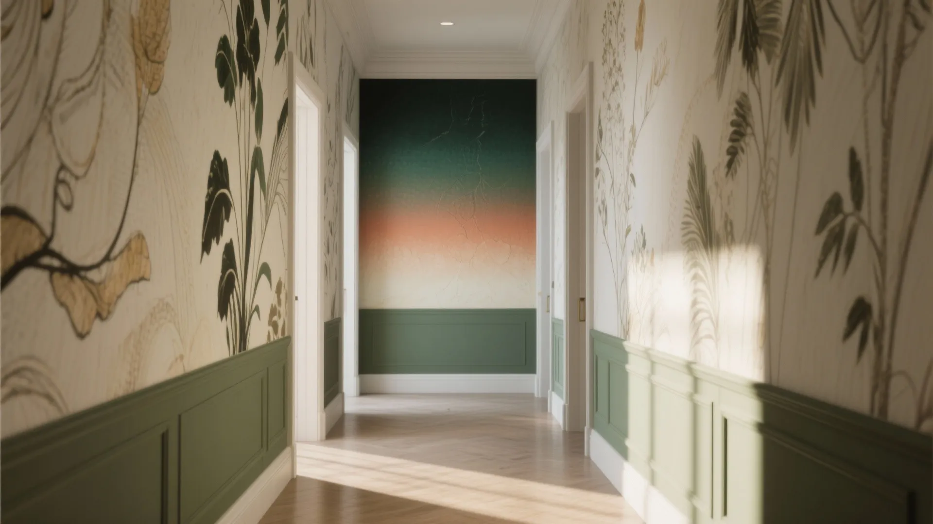 Decorated hallway with green wall panel floral wallpaper and a colorful gradient paint accent wall