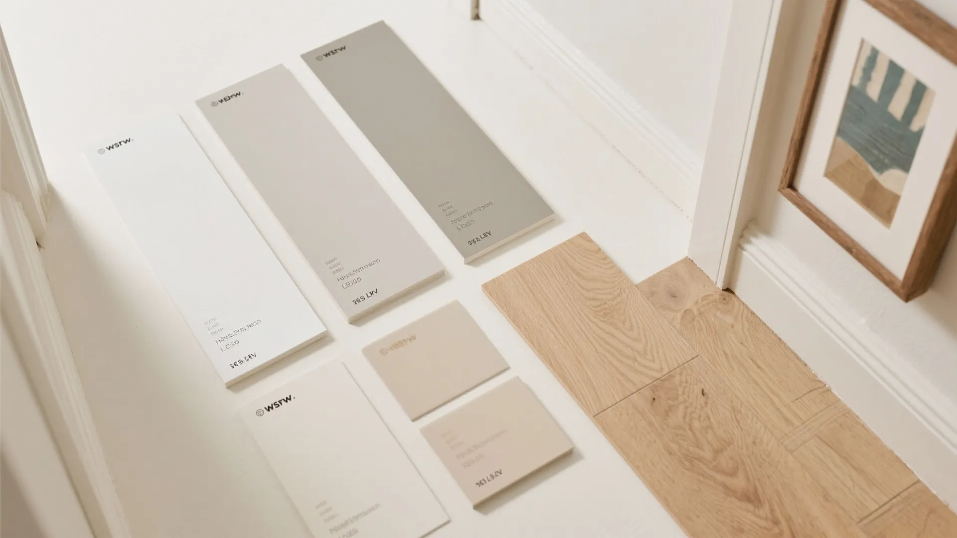 Color palette selection showing neutral paint swatches and light wooden flooring samples for interior design
