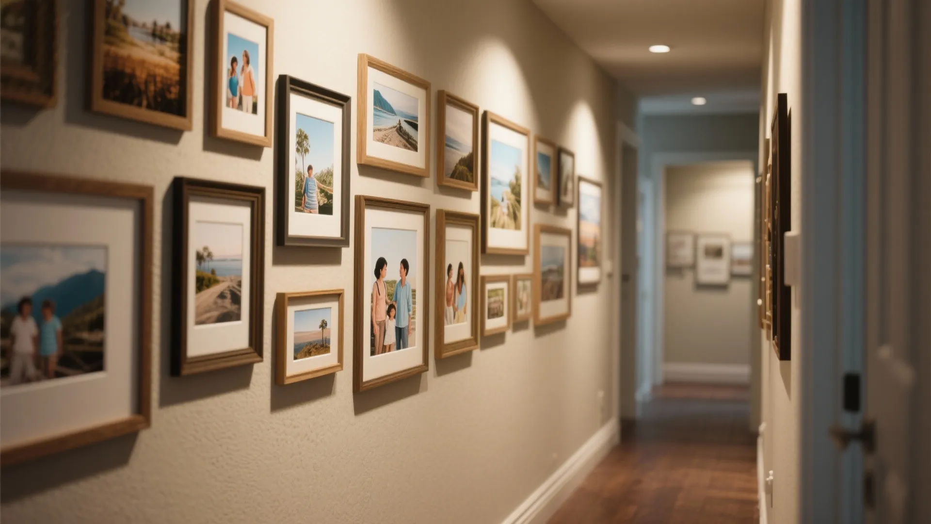 Long hallway wall featuring multiple framed family photos under warm indoor lighting with dark floors