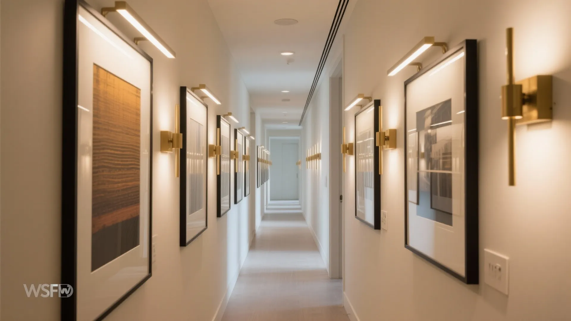 Art-focused picture lights along the hallway