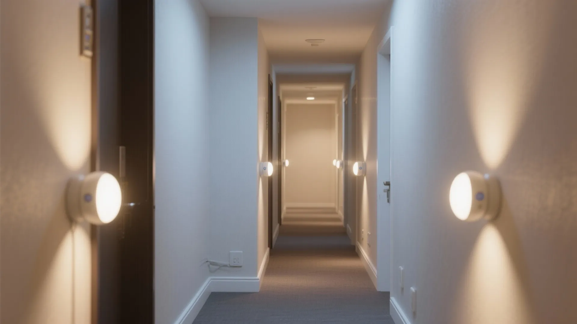 Low-mounted magnetic PIR puck lights guide a narrow hallway with a warm glow.