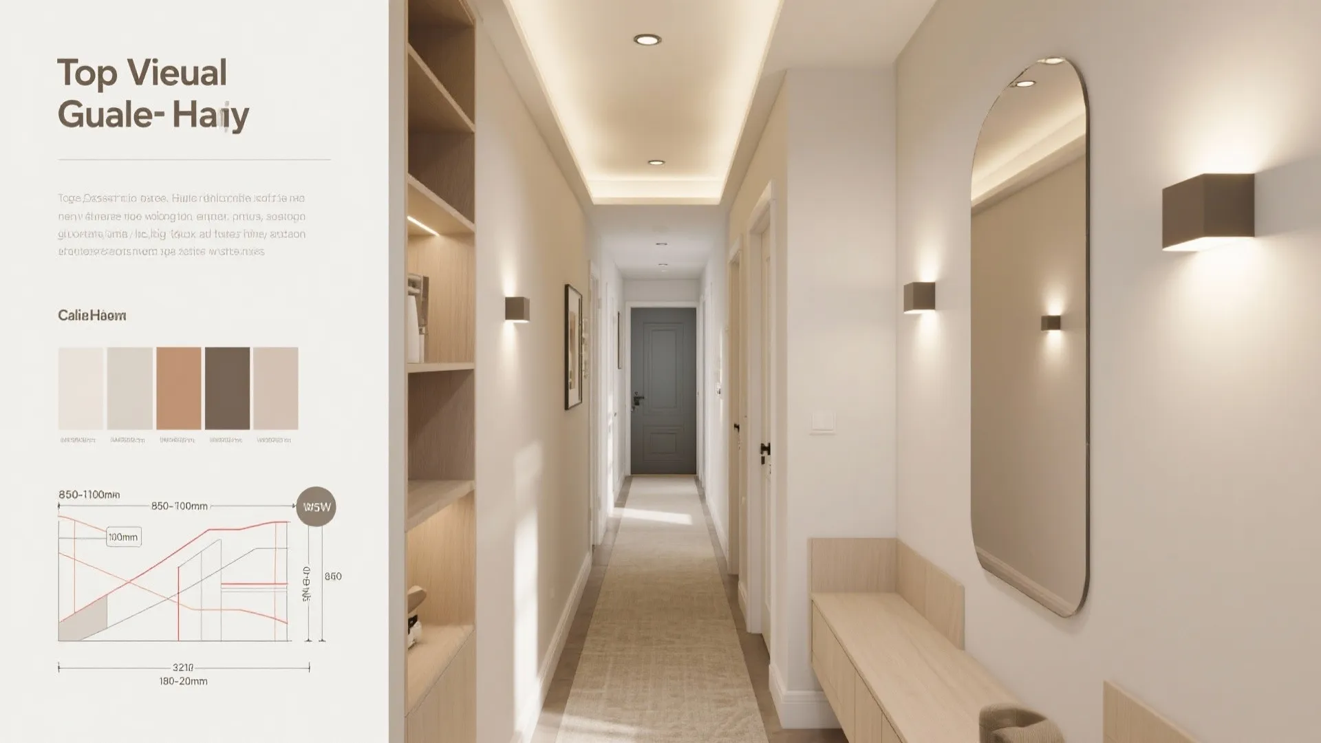 Interior design layout showing hallway with mirror wall lights shelving and color palette with measurements